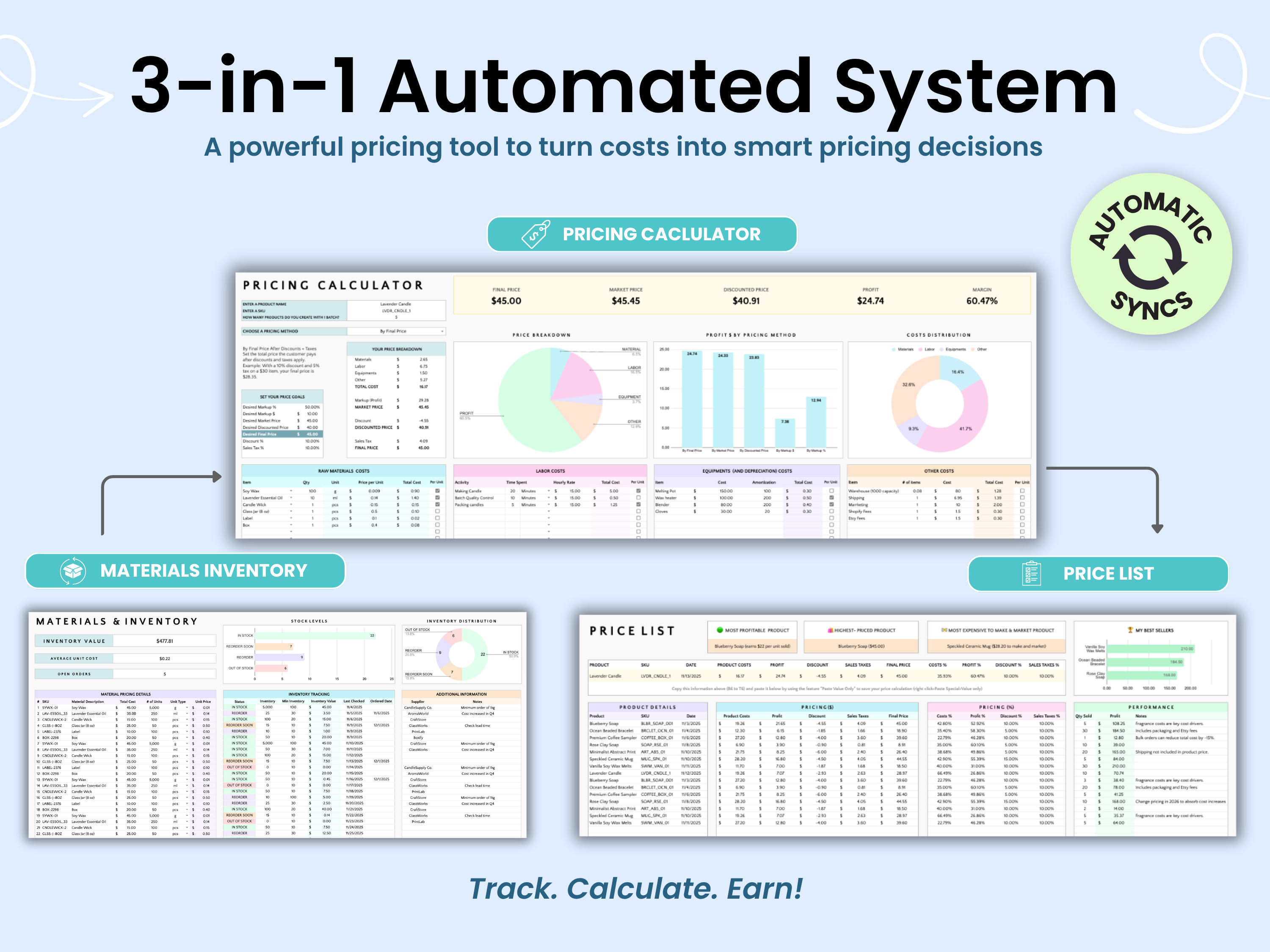 3-in-1 Automated System pricing tool with charts and tables on a light blue background