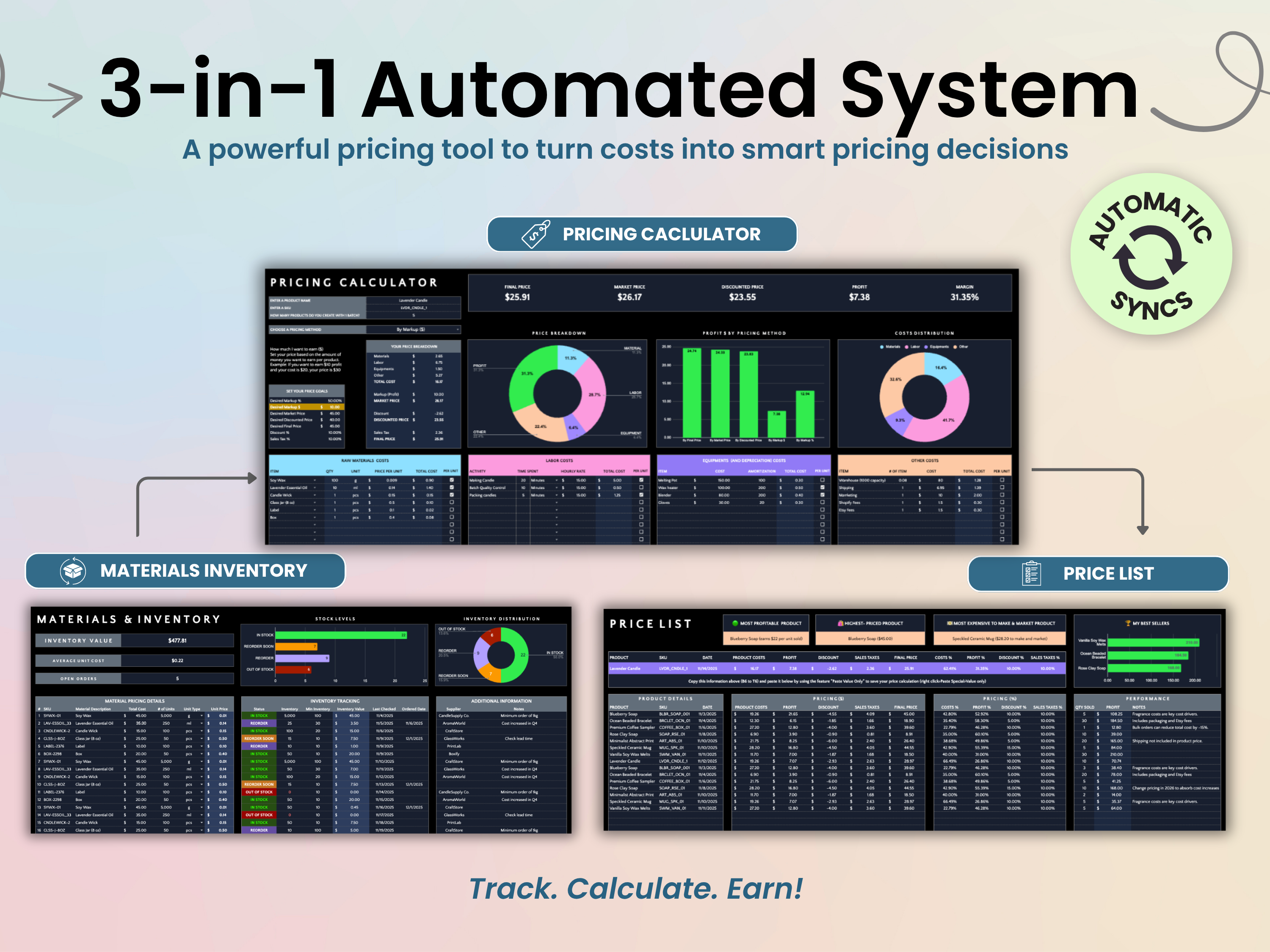 3-in-1 Automated System with pricing calculator, materials inventory, and price list features on a colorful background.