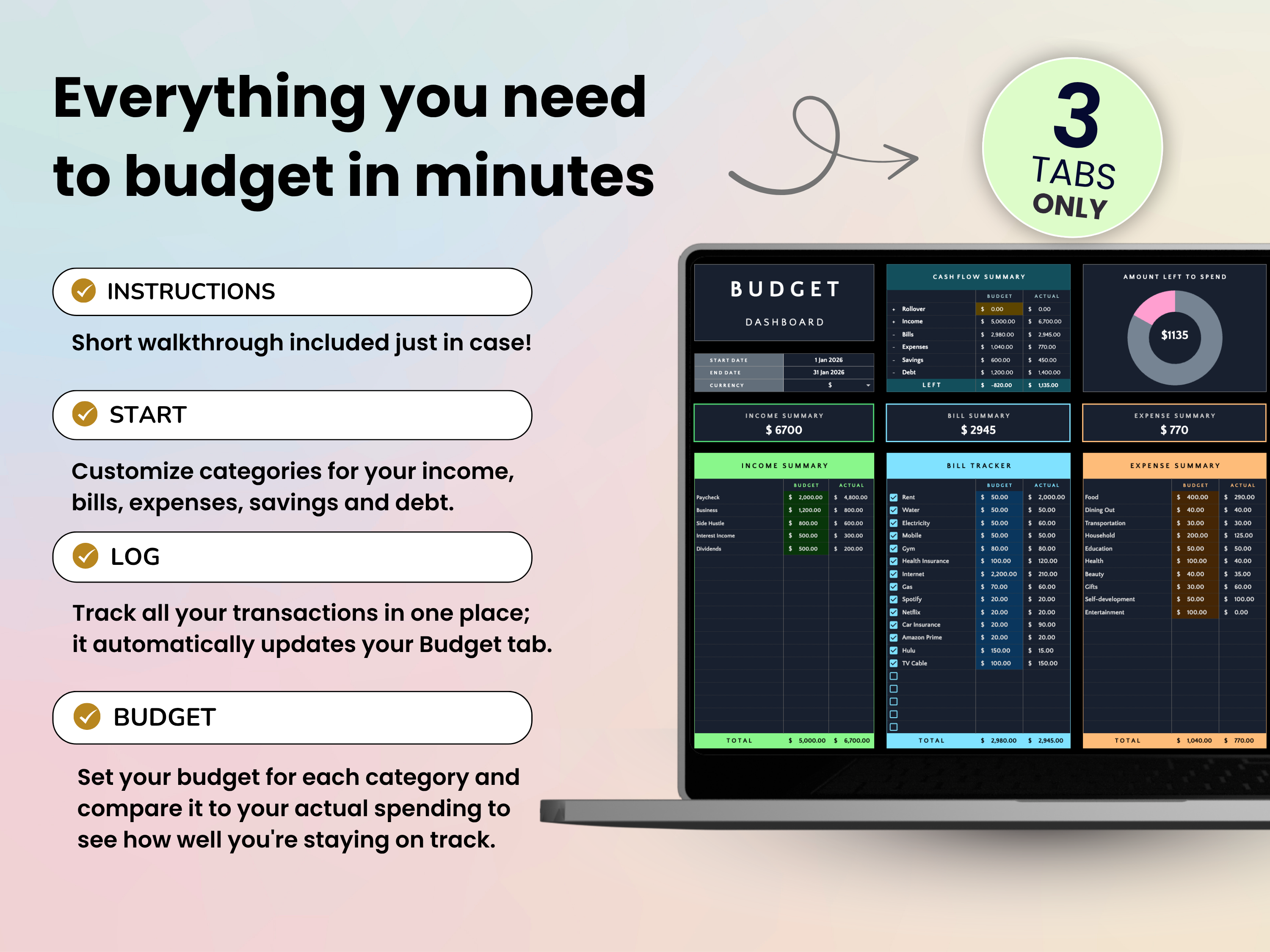 Budgeting app interface with instructions and features on a gradient background