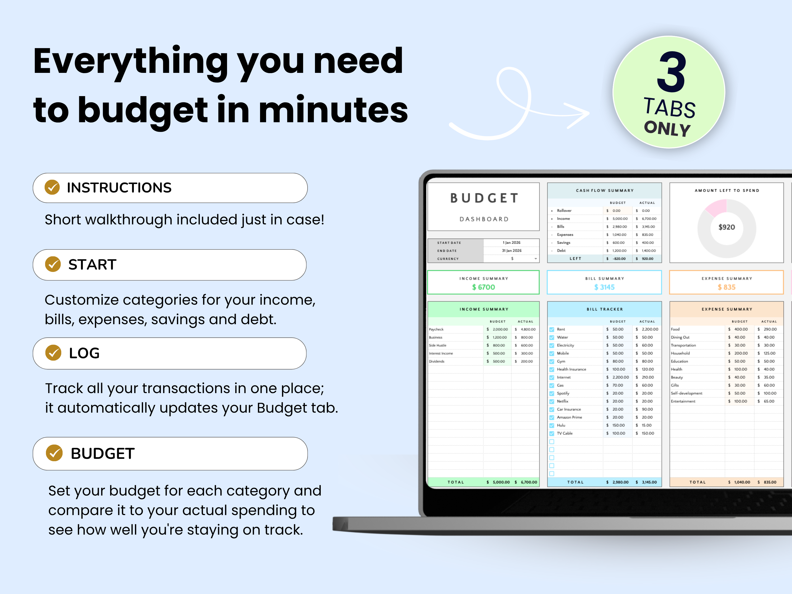 Budgeting tool with laptop displaying budgeting software on a light blue background