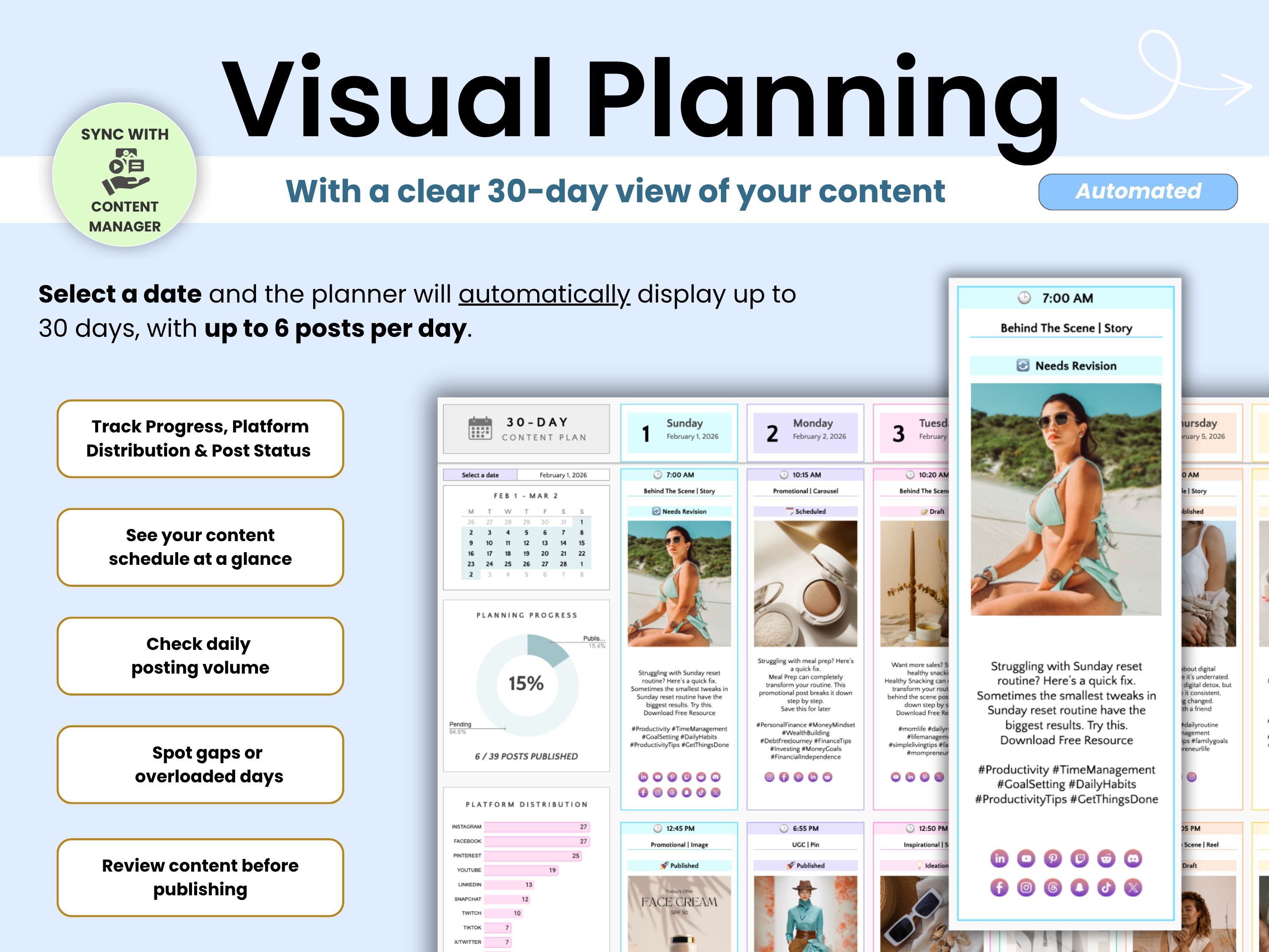 Visual planning tool with a 30-day content schedule display on a blue background