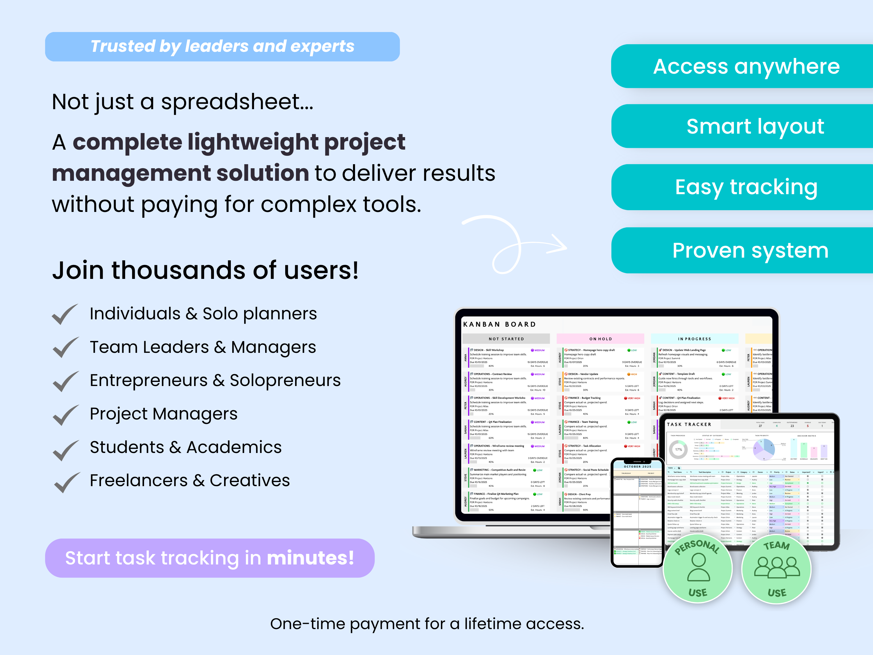 A complete lightweight project management solution to deliver results without paying for complex tools.