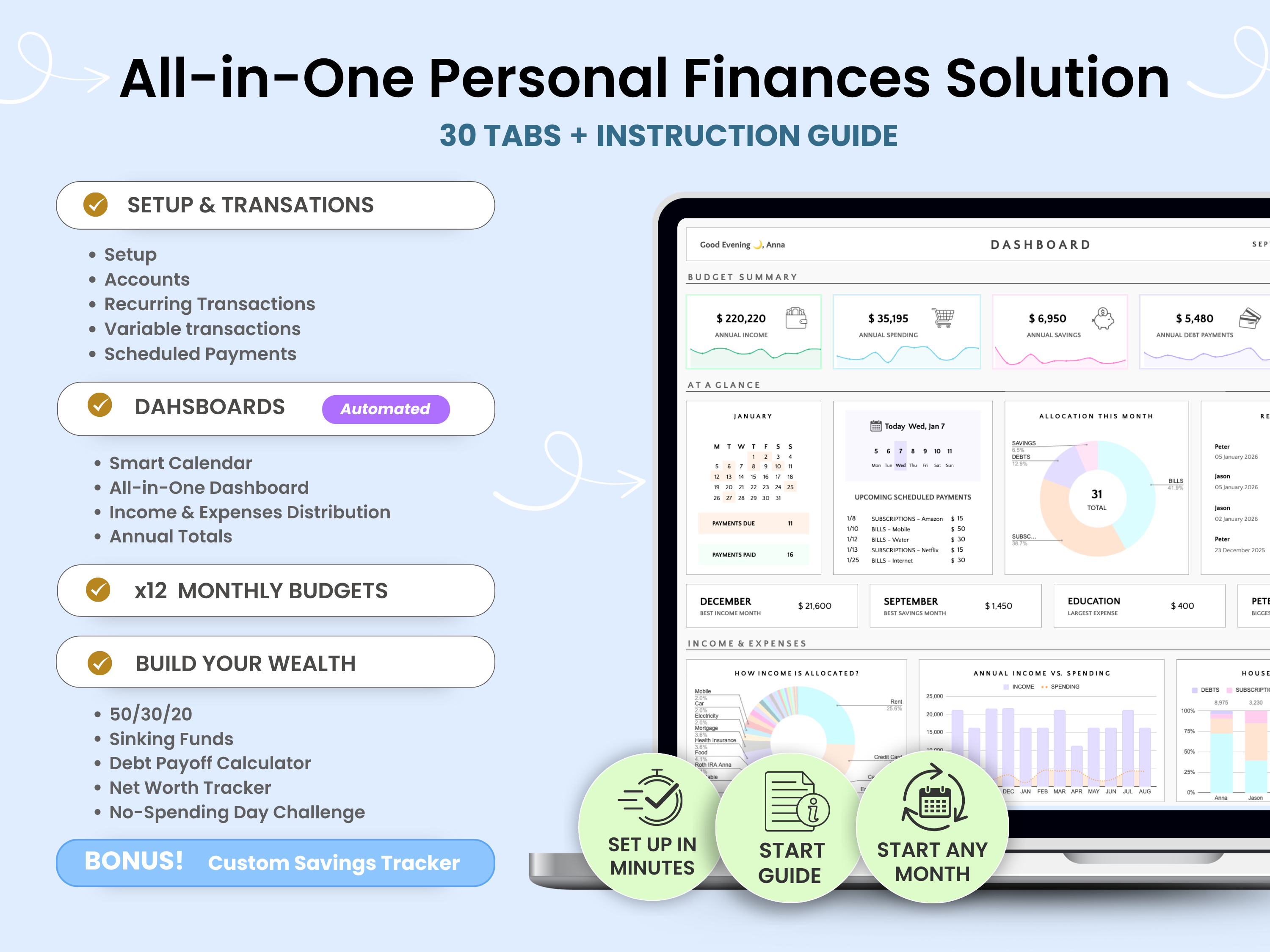 All-in-One Personal Finances Solution with laptop displaying financial dashboard on a light blue background