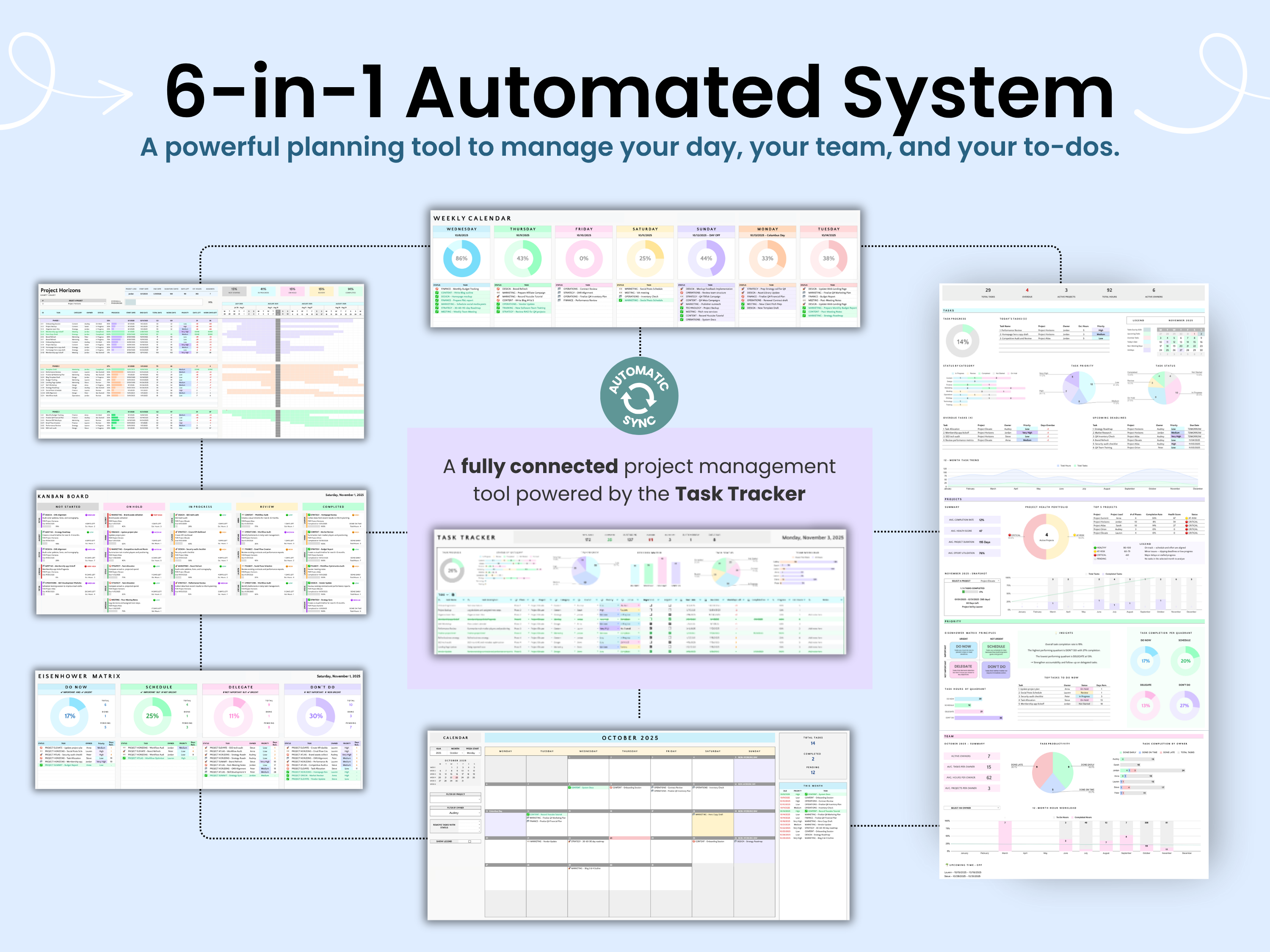 6-in-1 Automated System for project management on a light blue background
