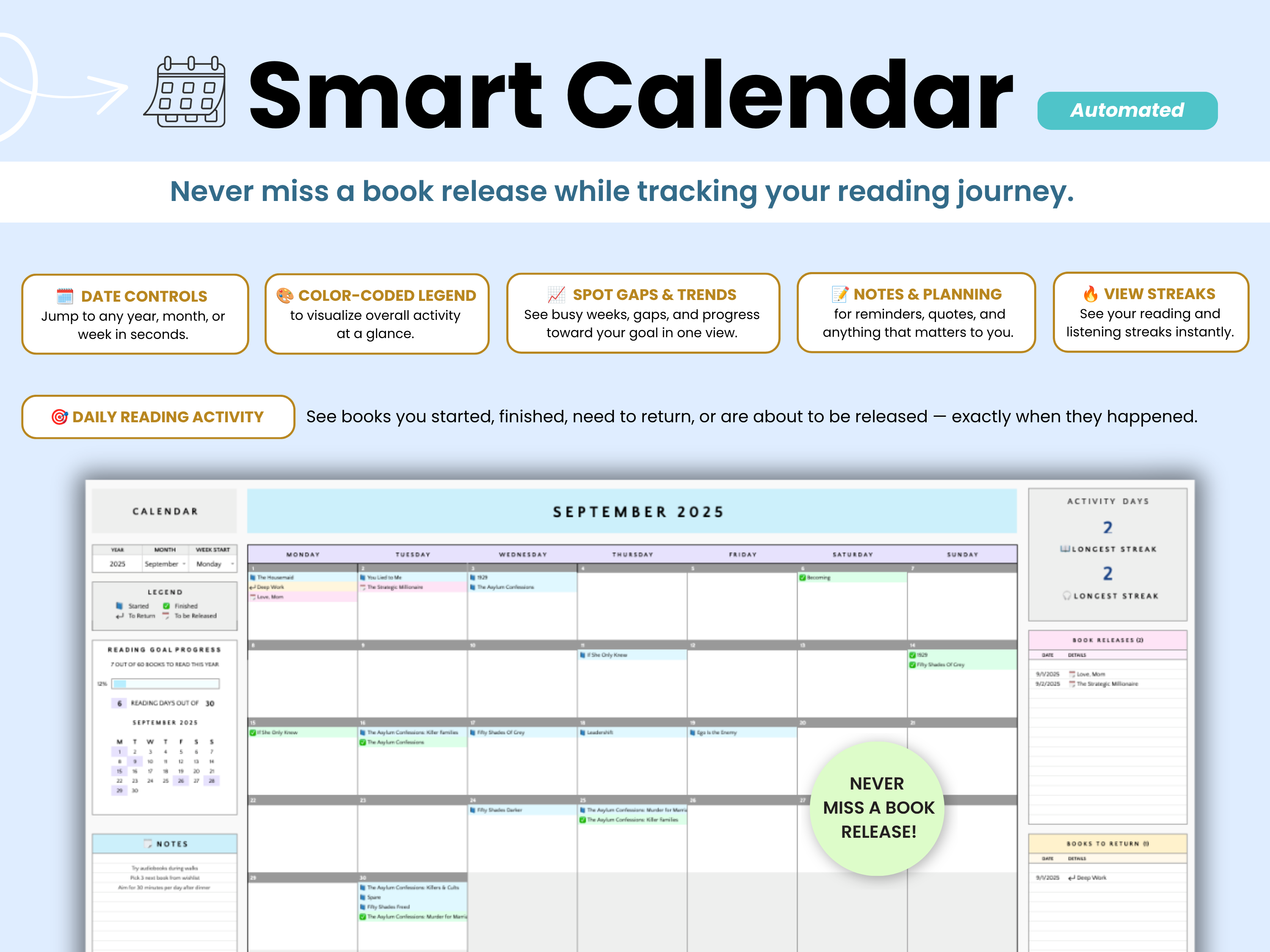 Never miss a book release while tracking your reading journey.