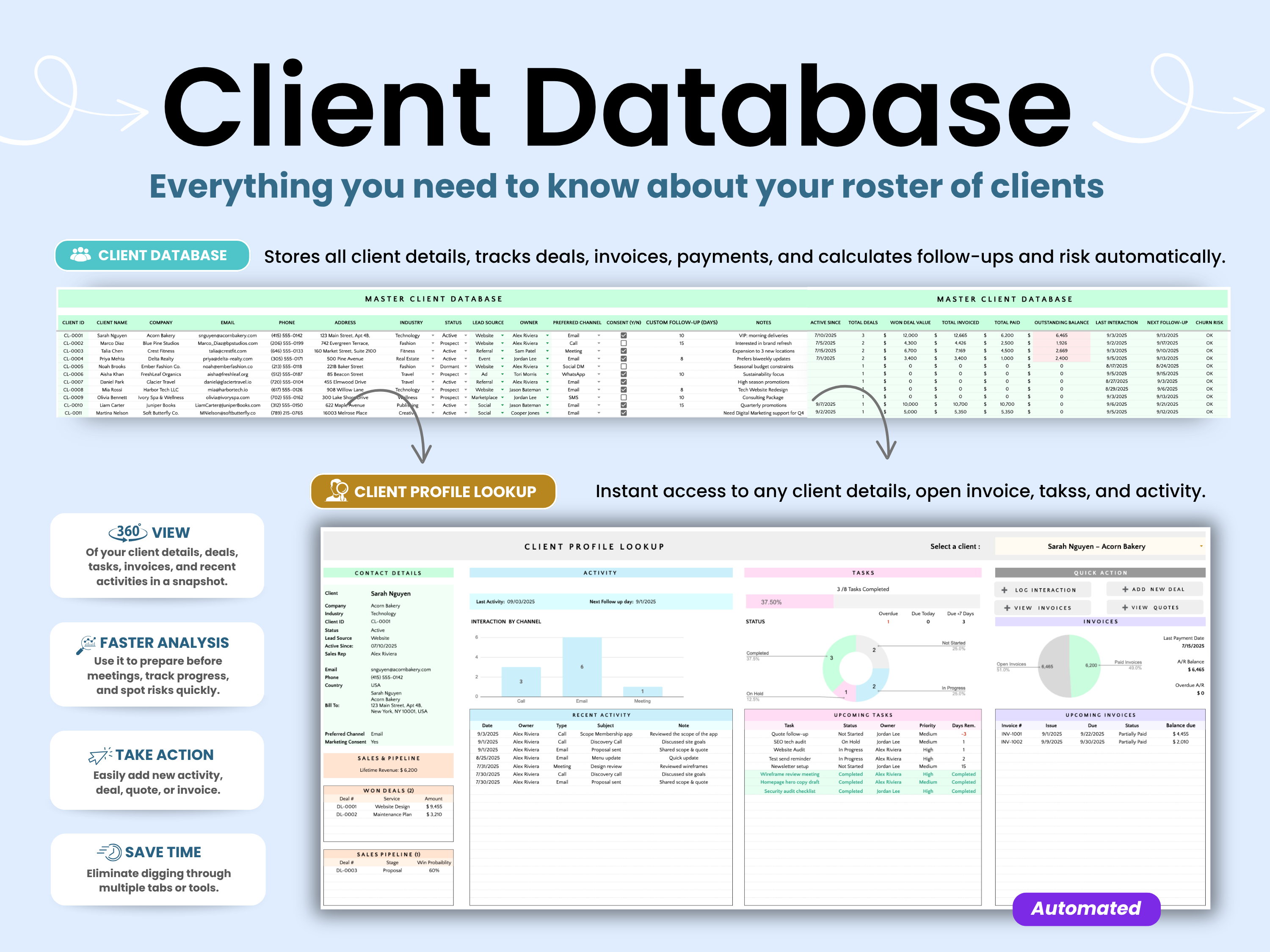 Client database software with features and benefits displayed on a light blue background