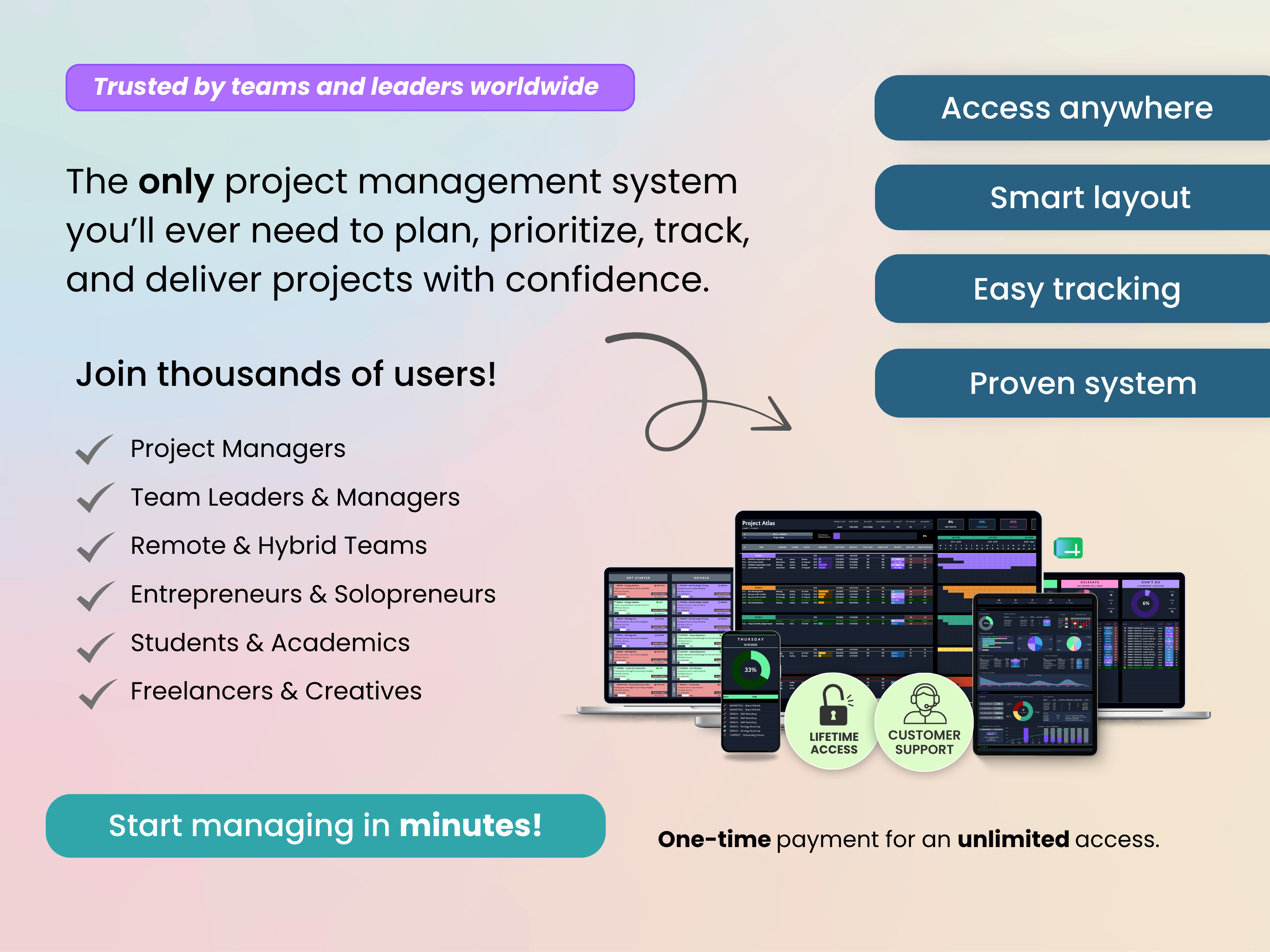 Advertisement for a project management system with text and graphics on a light background