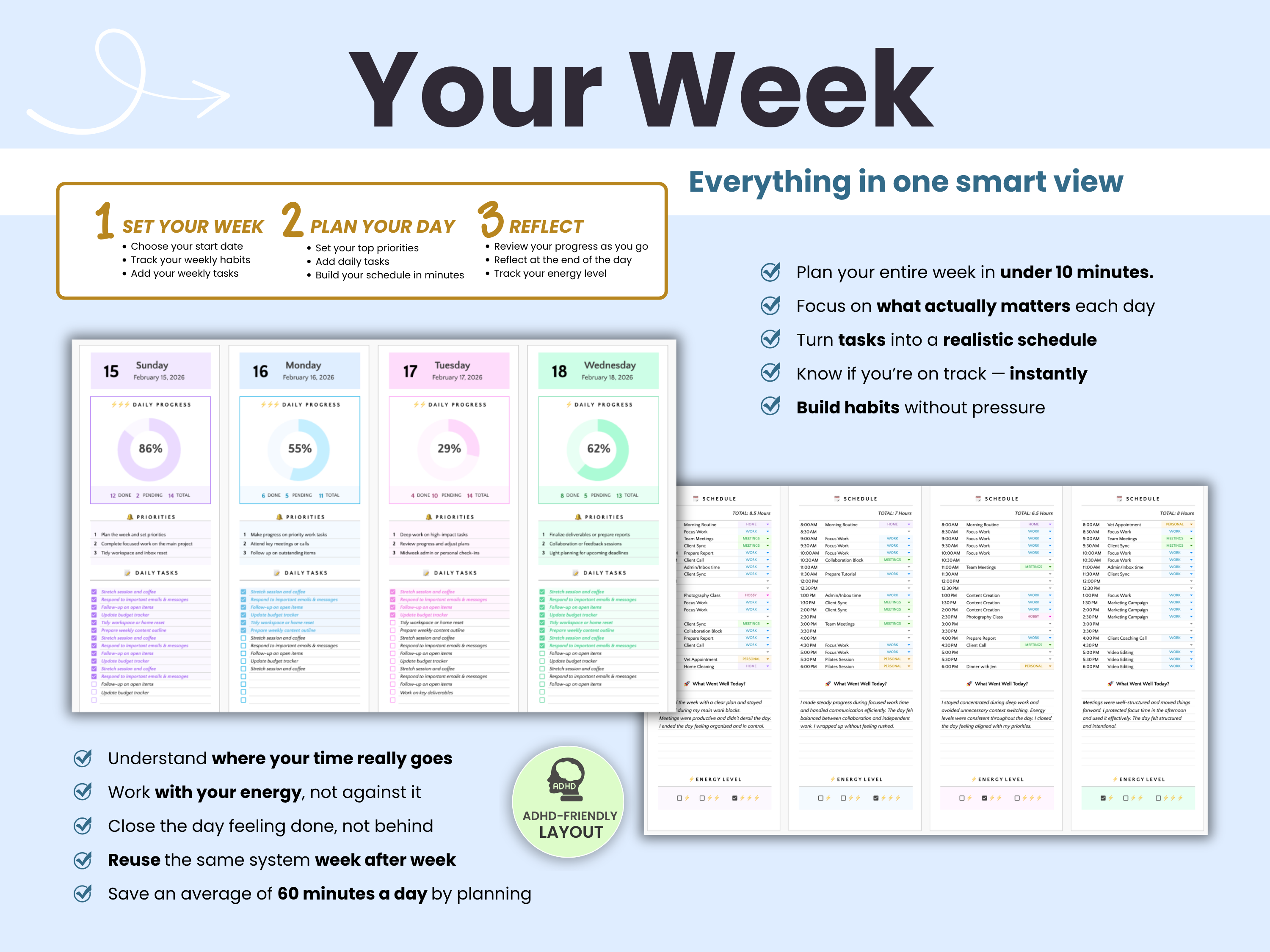 Everything in one smart view. Set your week, plan your day and reflect