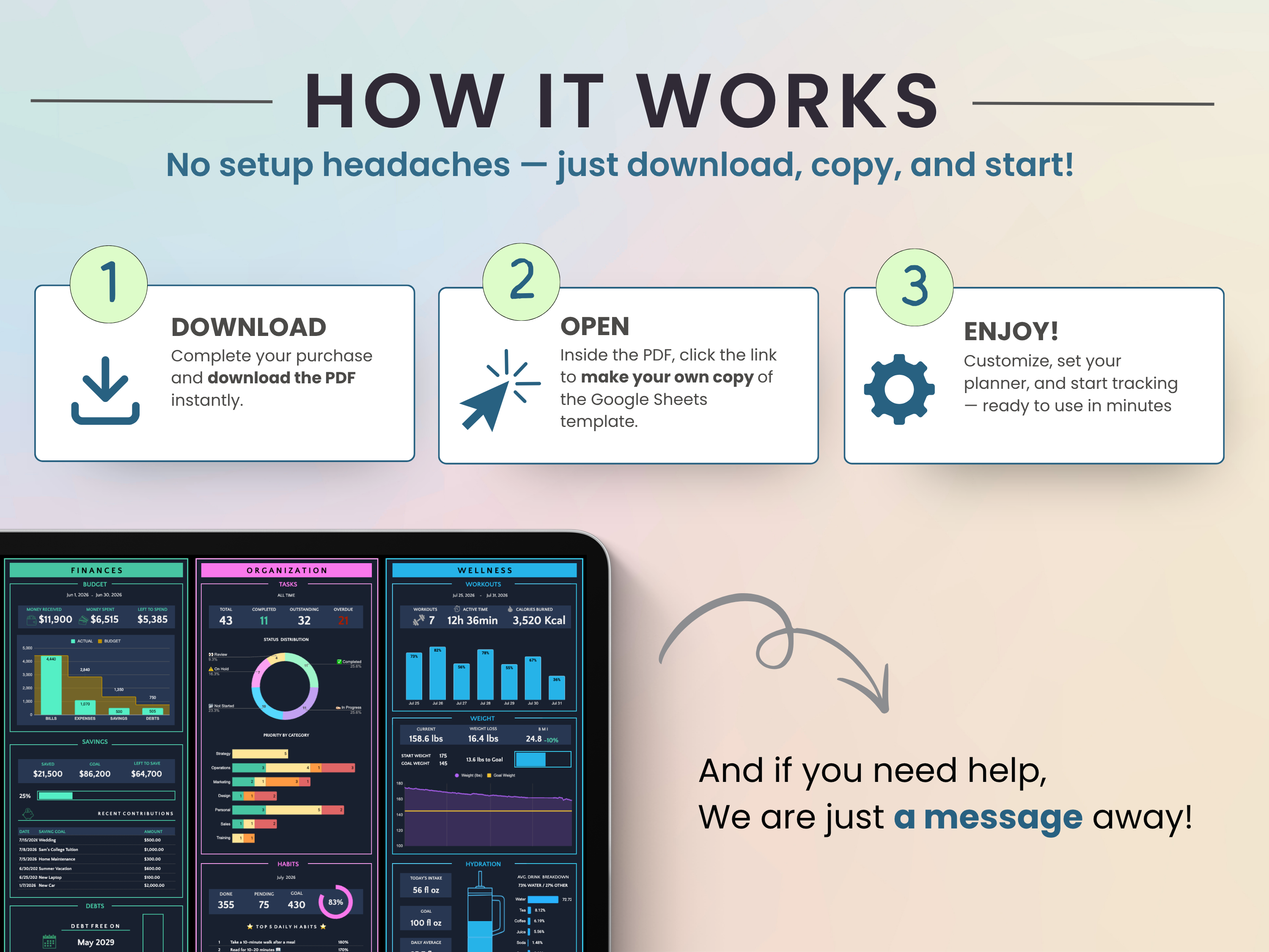 Promotional graphic explaining how a digital planner template works, with three numbered steps: download, open, and enjoy. It shows a laptop screen displaying colorful dashboard-style charts and graphs on a soft pastel background with the text, 'And if you need help, We are just a message away!'.