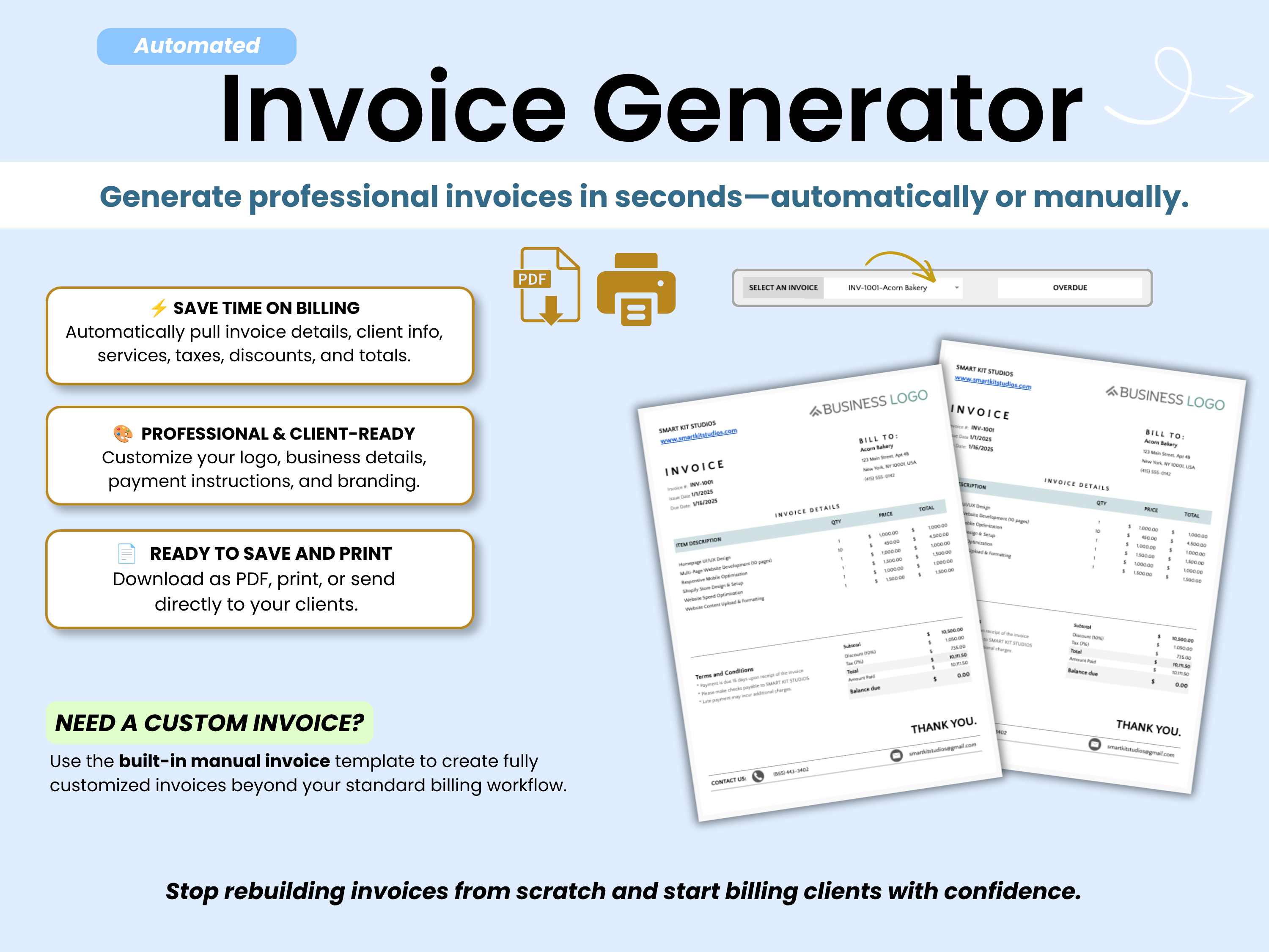 Invoice Generator tool with two displayed invoices on a light blue background