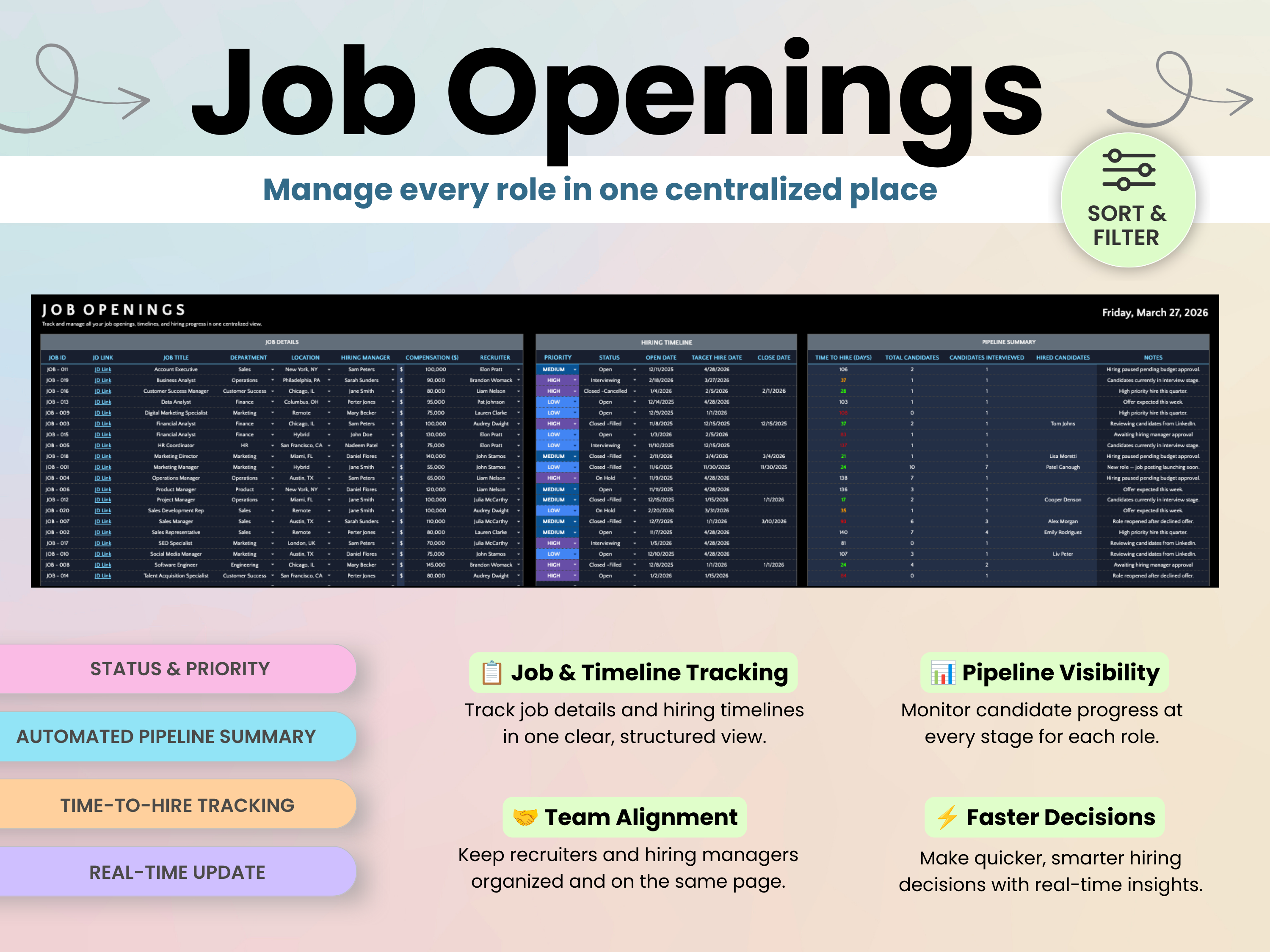 Job opening management system with a list of job positions and features.