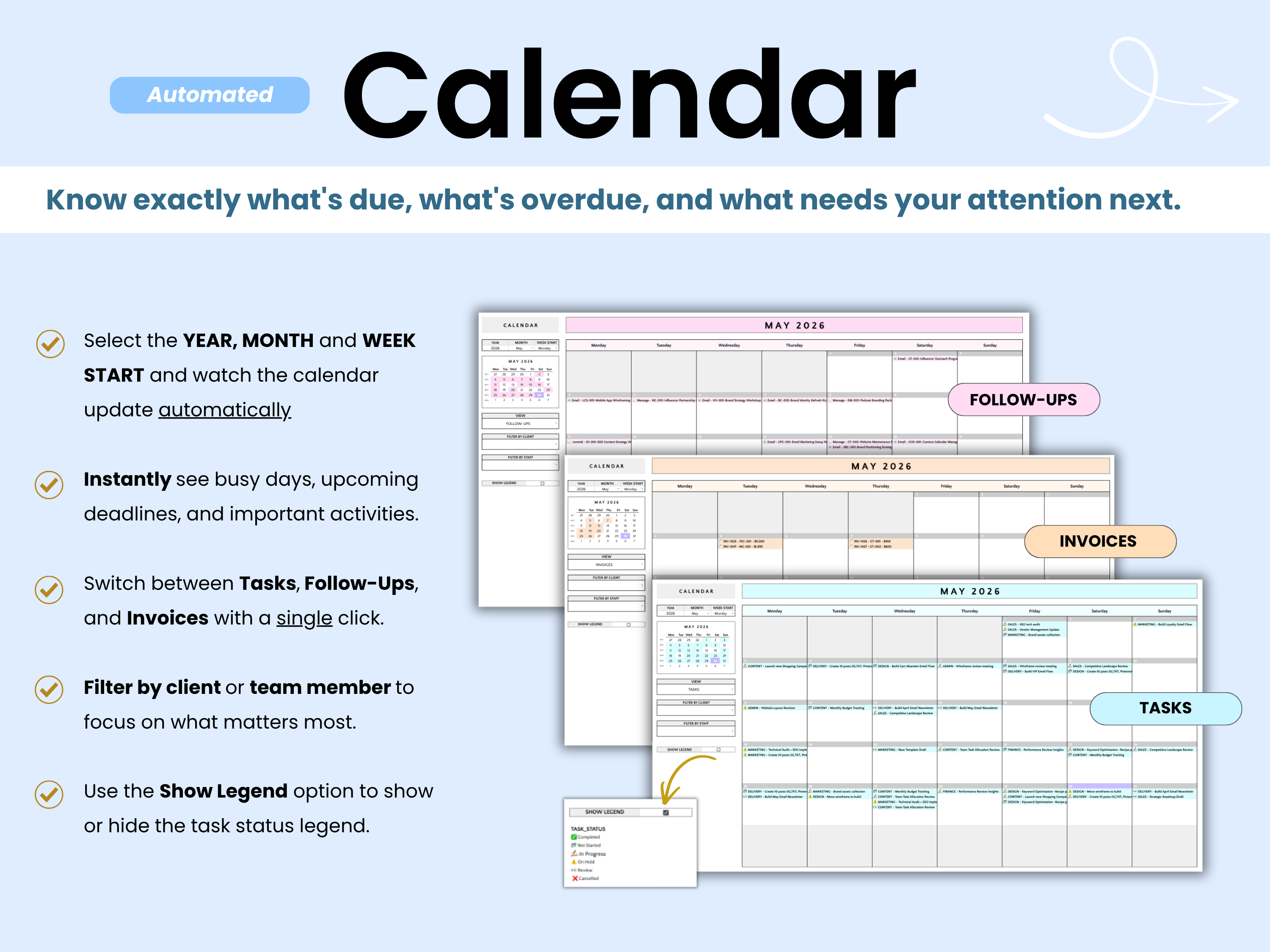 Calendar software interface with features and benefits on a light blue background