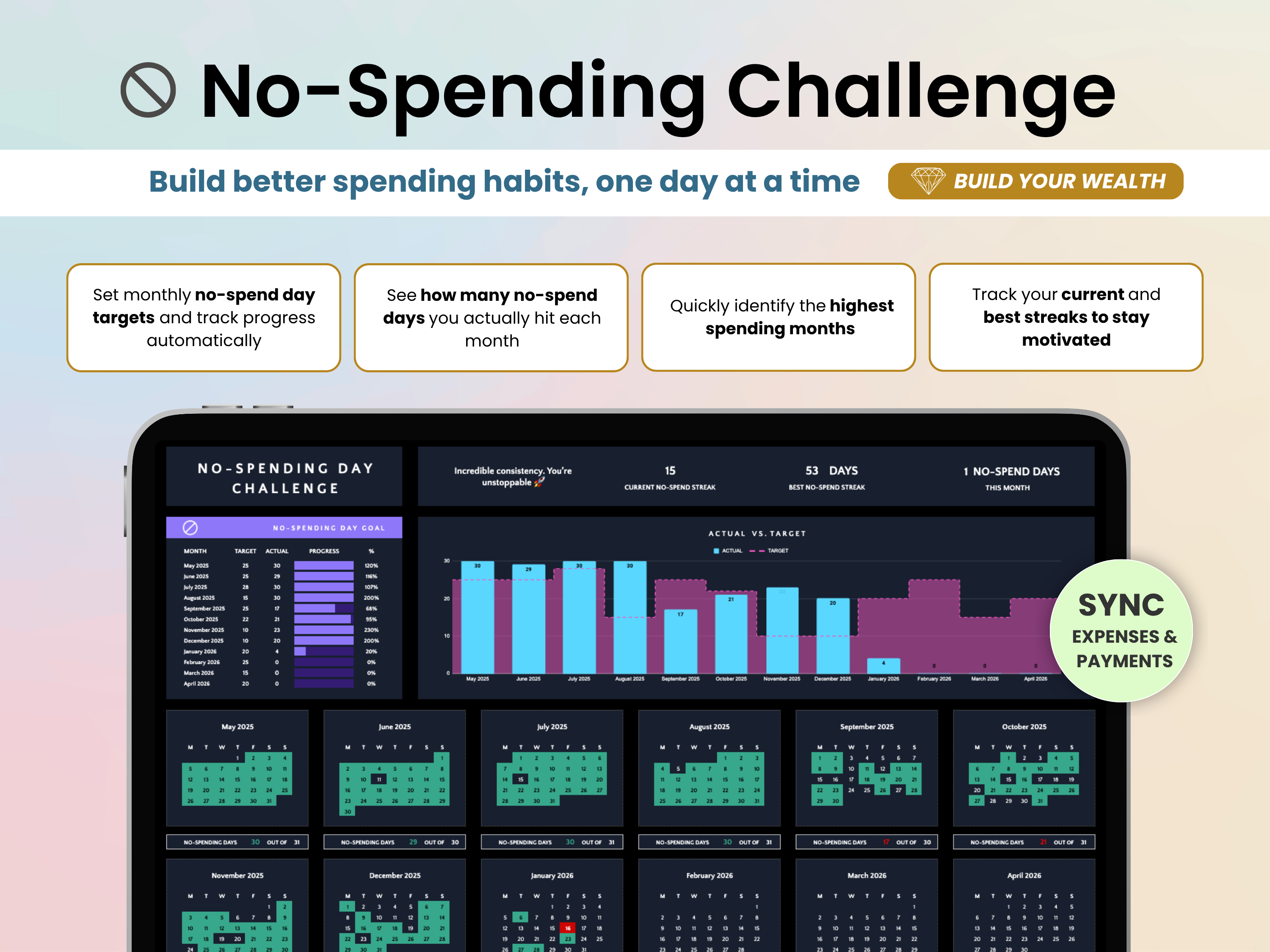 No-Spending Challenge app interface with graphs and statistics on a digital device.