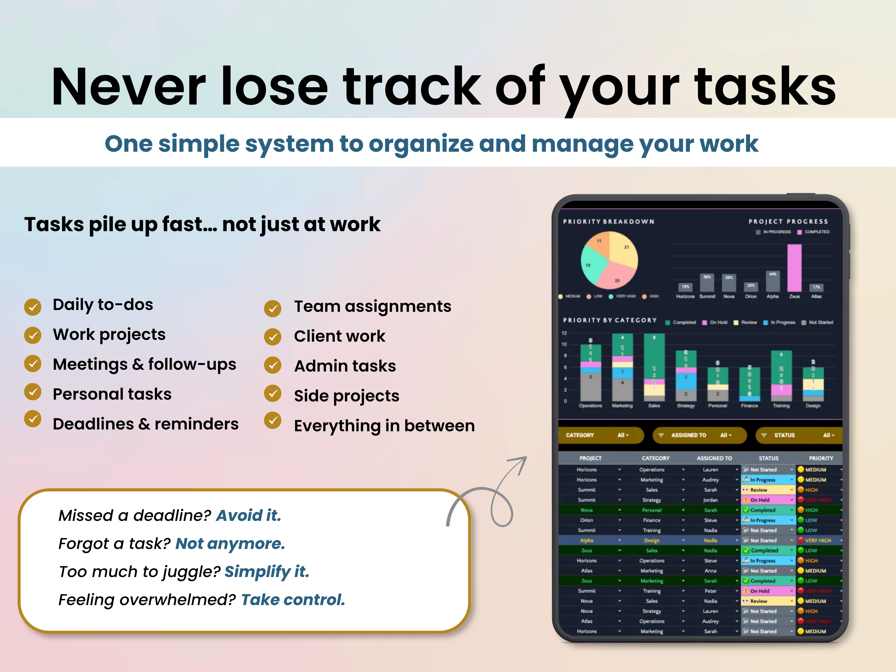 Task management app interface with text about organizing tasks.