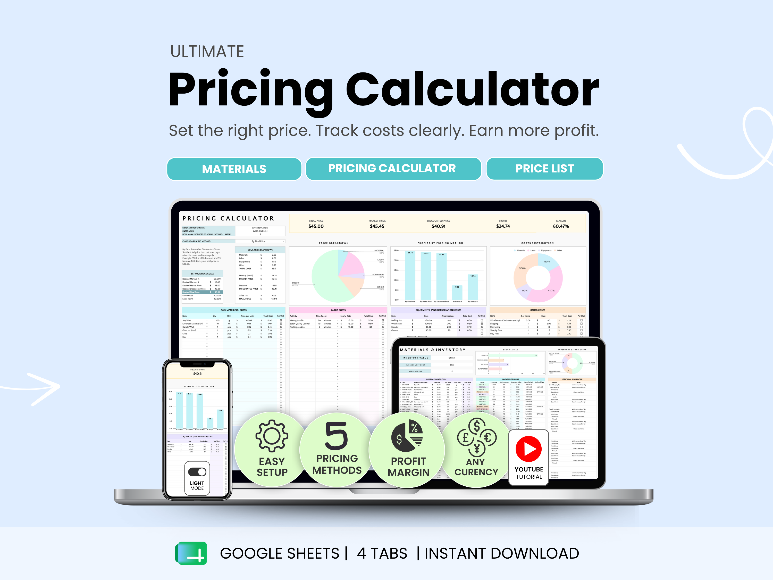Pricing calculator software with laptop, phone, and tablet on a light blue background