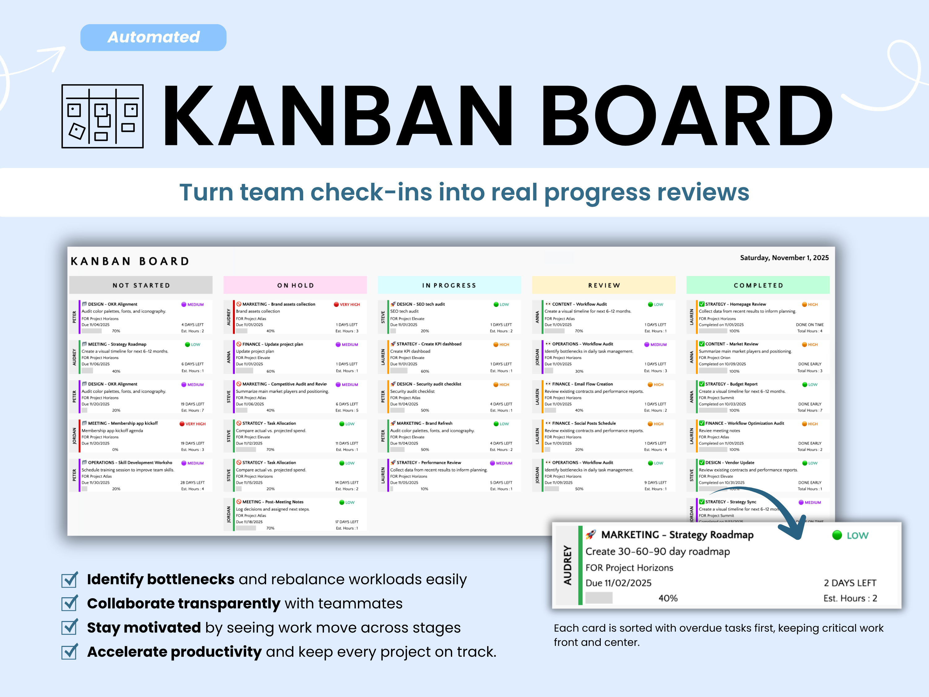Kanban board software interface with colorful columns and project management features.