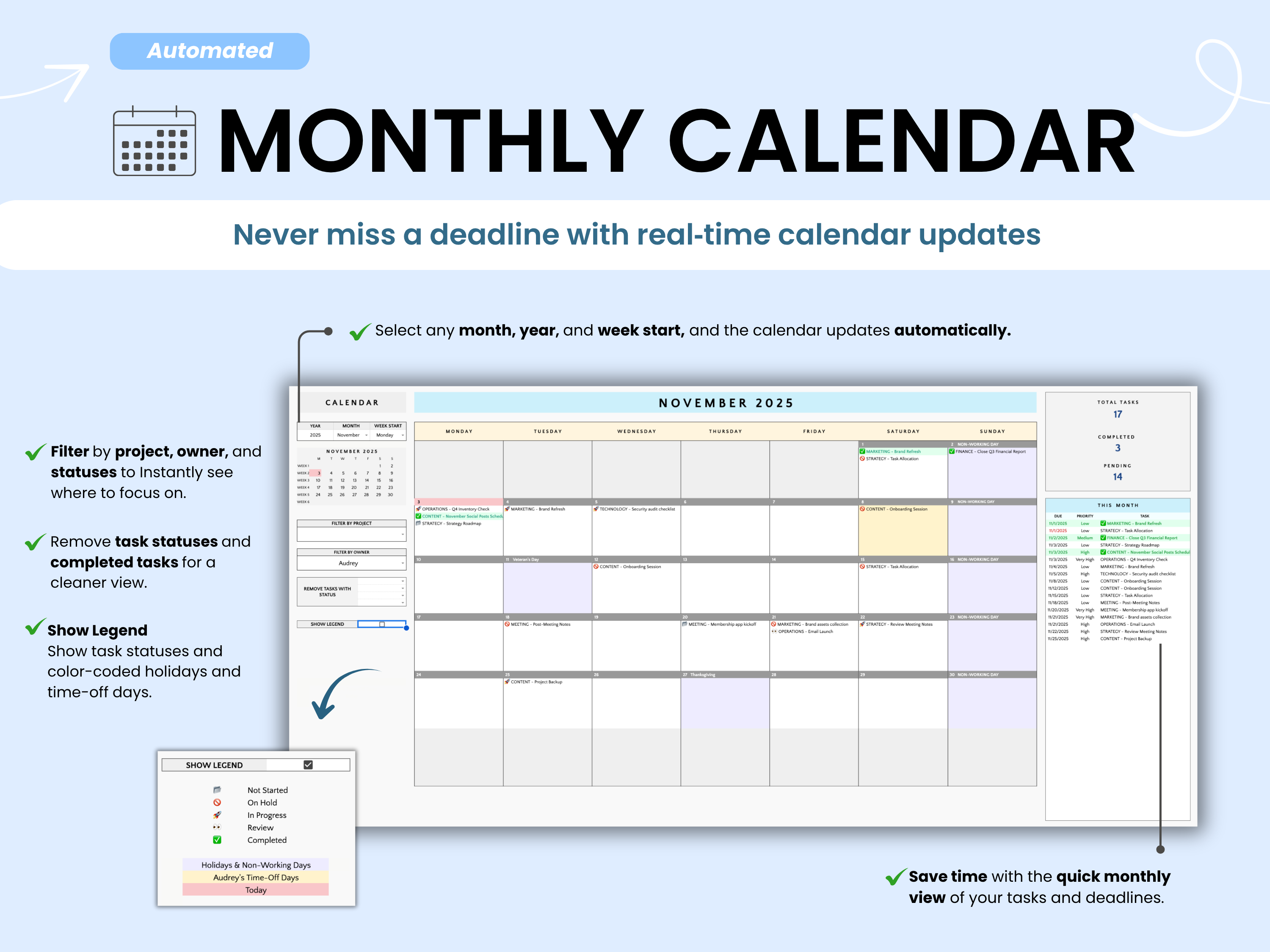Monthly calendar software interface with task management features on a light blue background