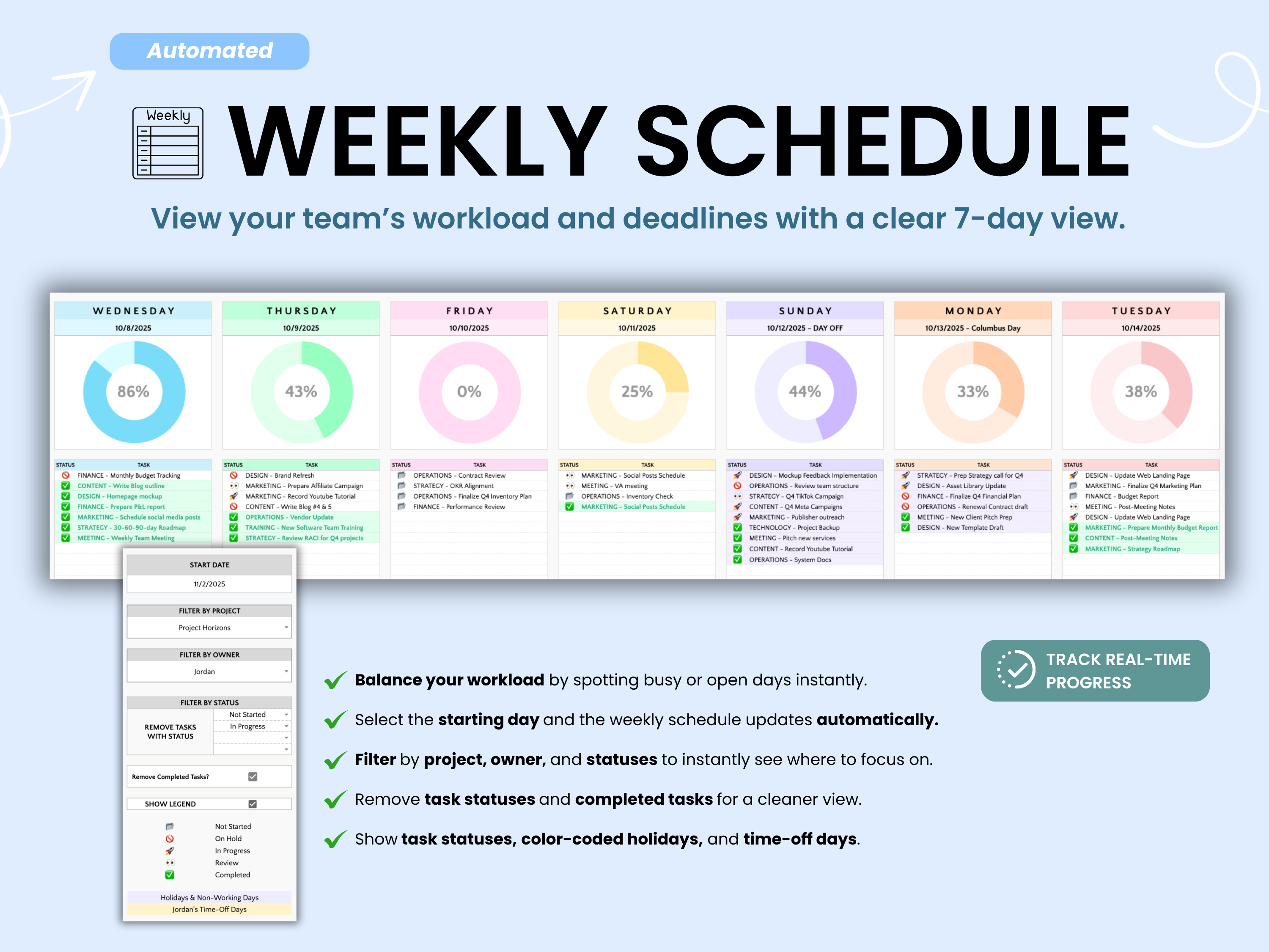 Weekly schedule tool with colorful bars and text on a blue background