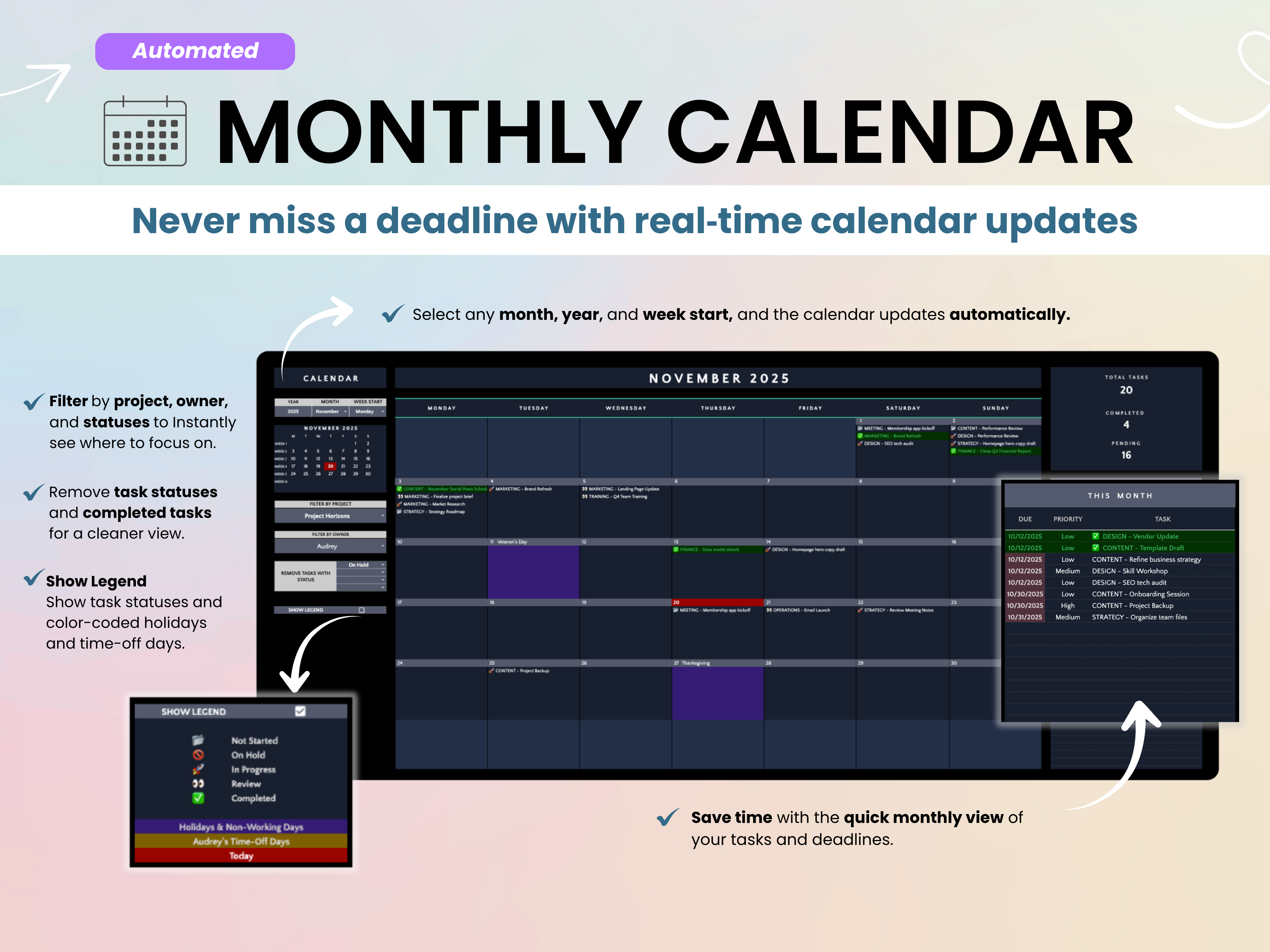 Monthly calendar software interface with features highlighted on a light pink background