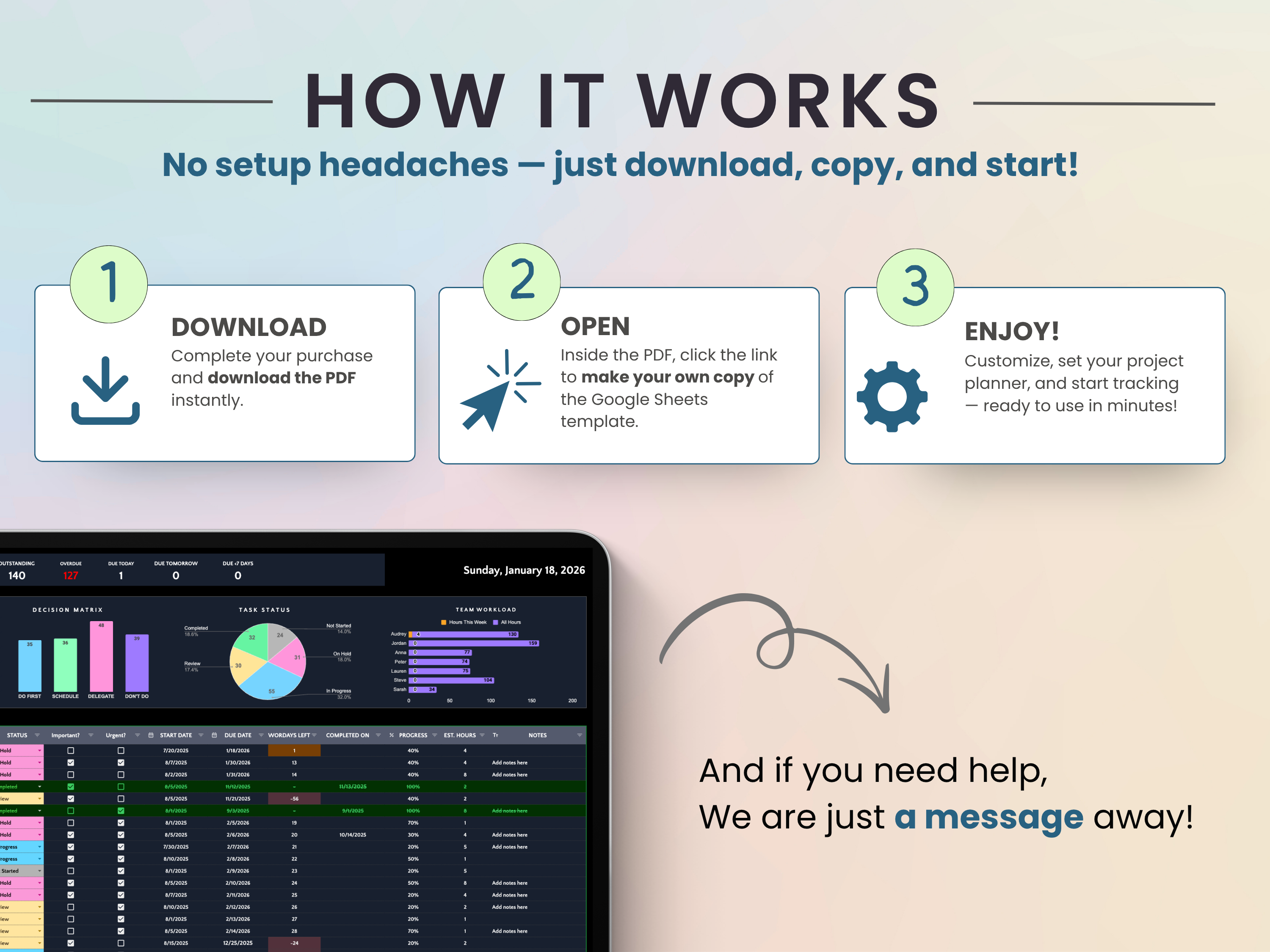 Step-by-step guide on how to use a project planner software with a tablet displaying the software interface.