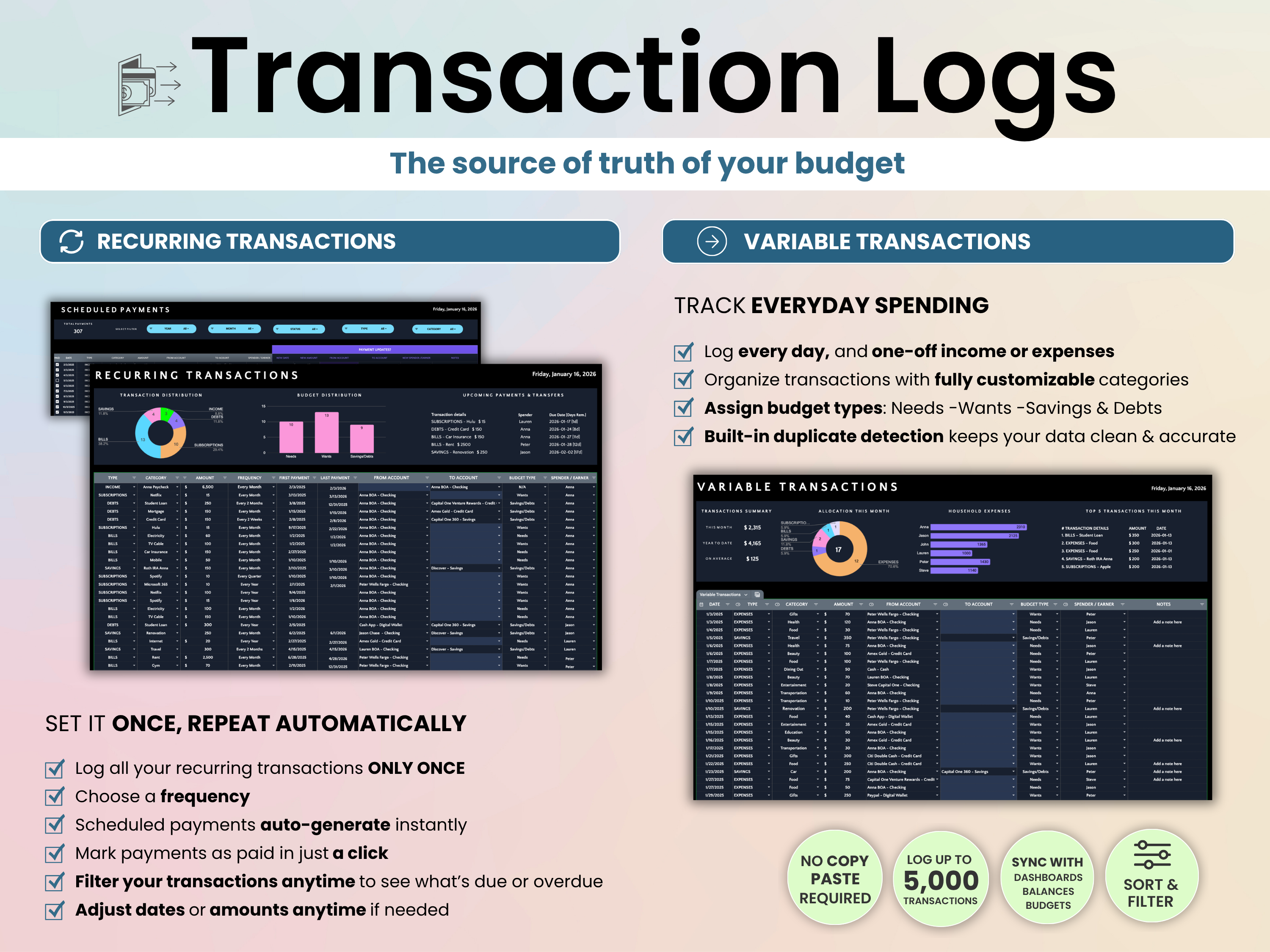 Transaction logs software with features and benefits on a light background