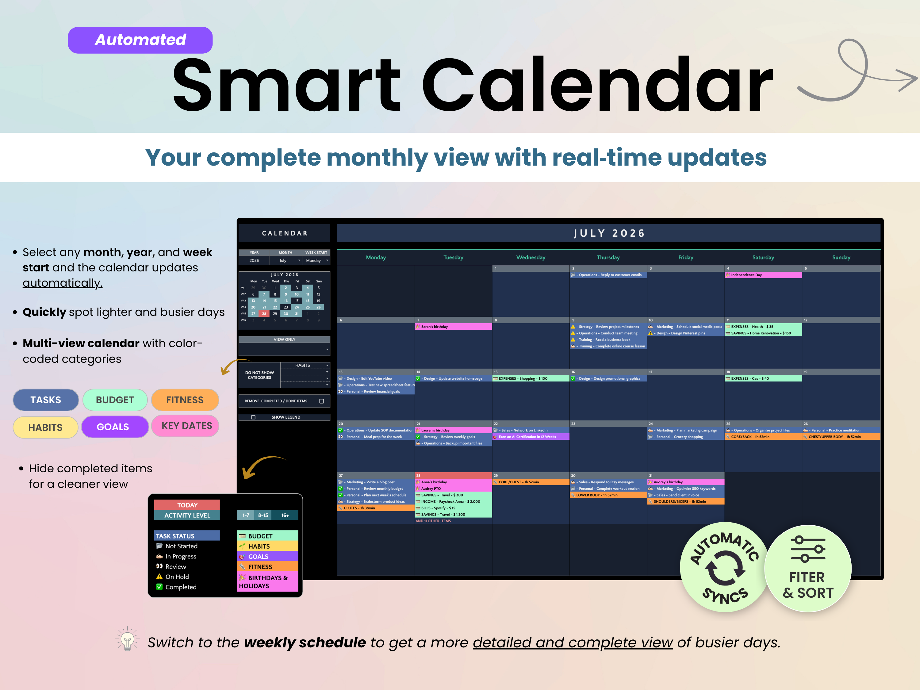 A promotional graphic for a digital 'Smart Calendar' planner template, showing a dark-themed monthly calendar layout with colored task and event blocks, alongside feature callouts and app-style screenshots on a soft beige background.