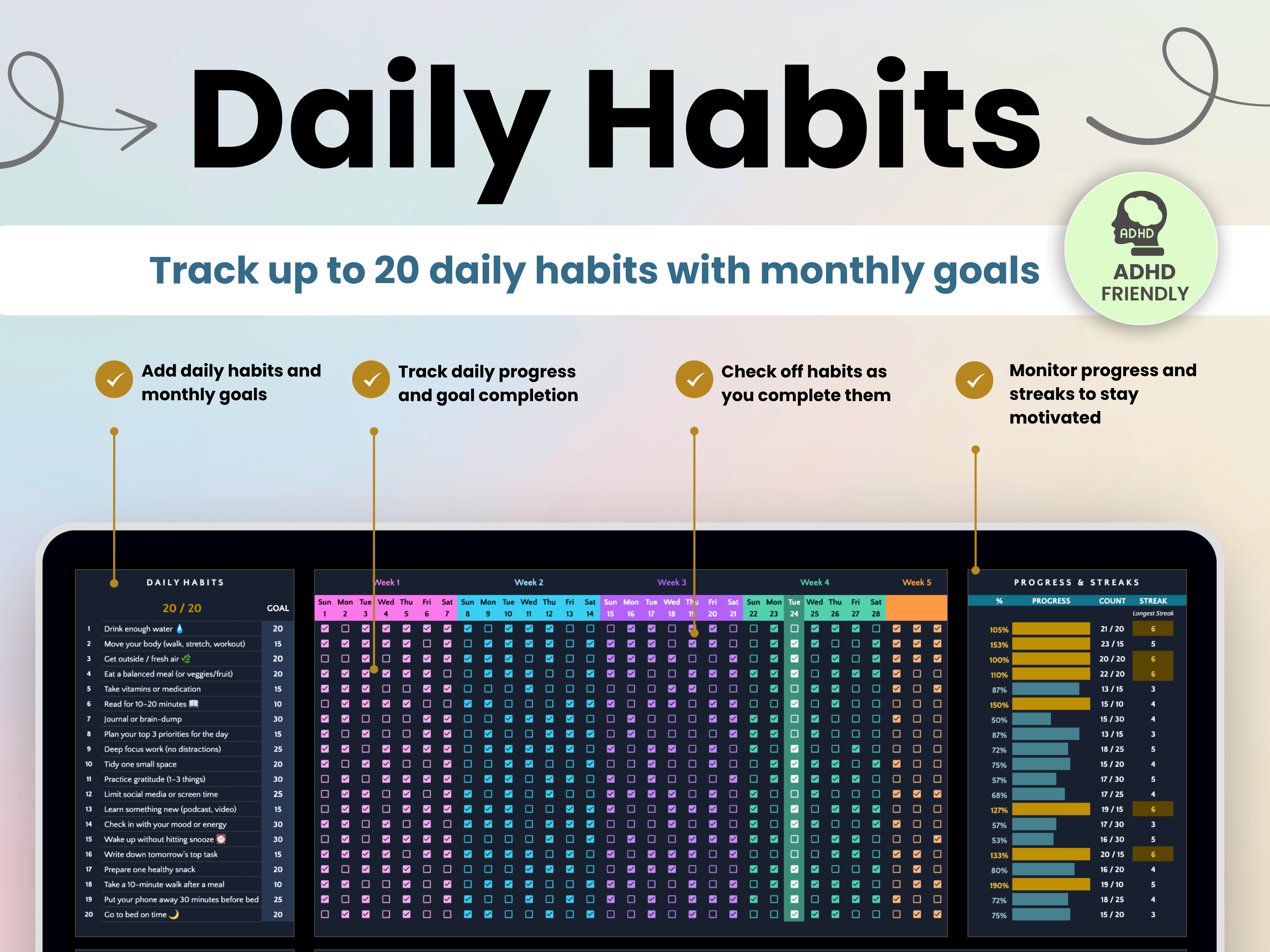 Track up to 20 daily habits with monthly goals