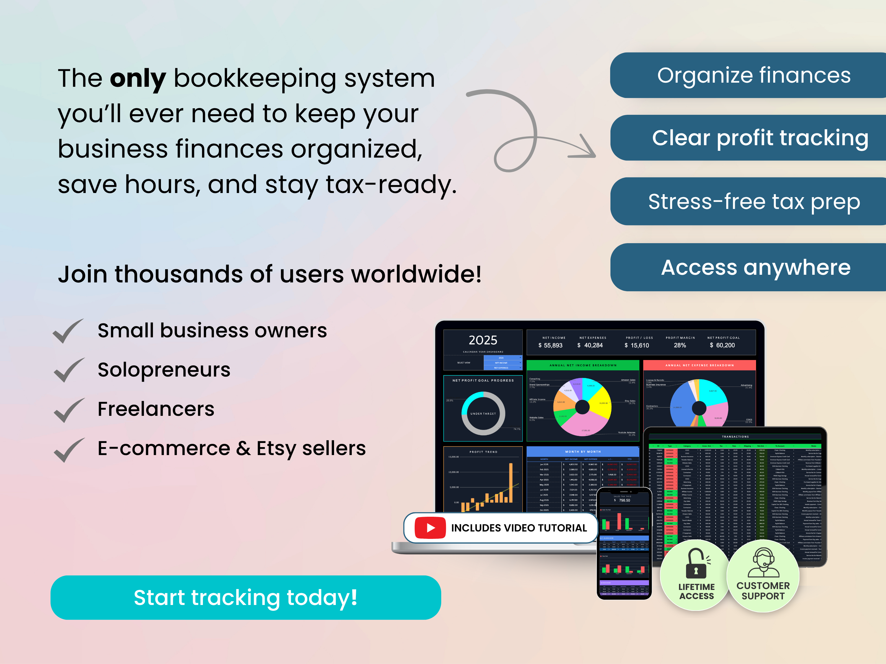 The only bookkeeping system you’ll ever need to keep your business finances organized, save hours, and stay tax-ready.