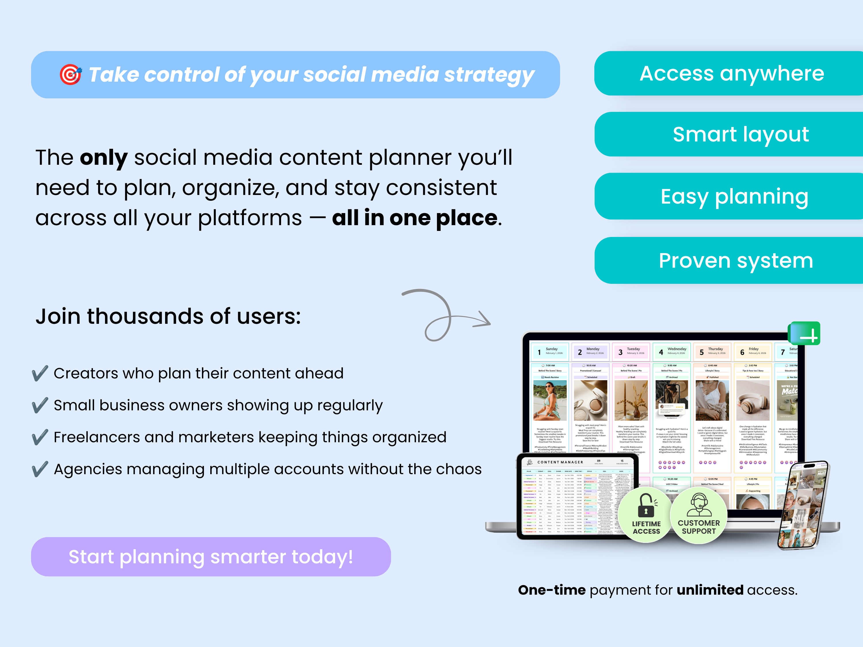 Promotional graphic for a social media content planner with features and benefits highlighted.