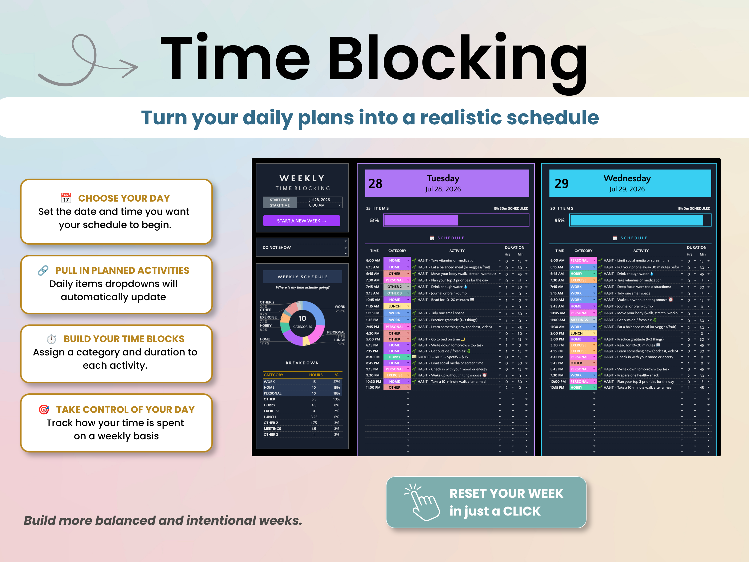 A promotional graphic for a digital weekly time-blocking planner template. The design features a pastel gradient background with text explaining how to use the planner, alongside two digital screens displaying the dark-themed weekly schedule layouts for Tuesday and Wednesday.