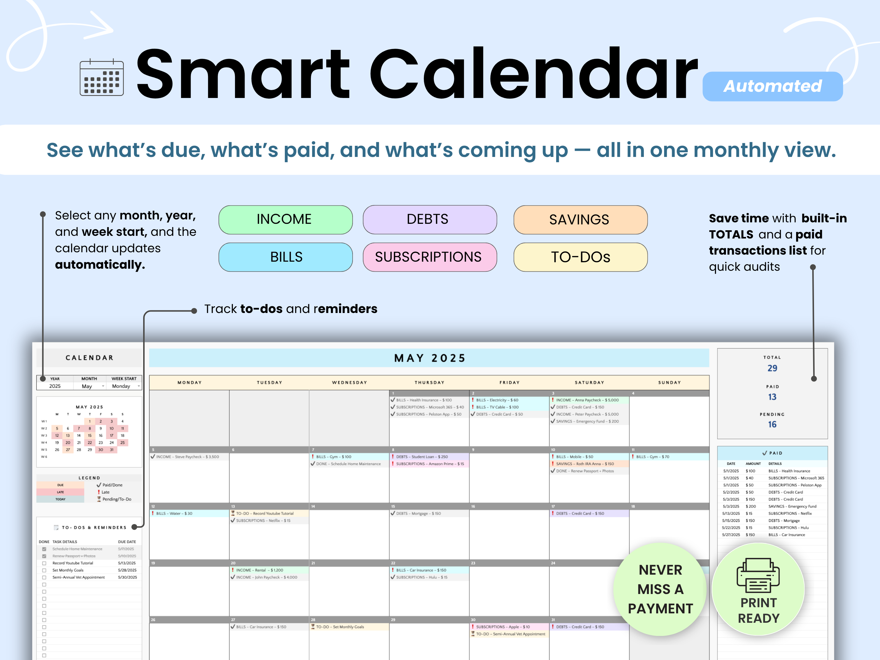 Smart Calendar software interface with monthly view and feature buttons.