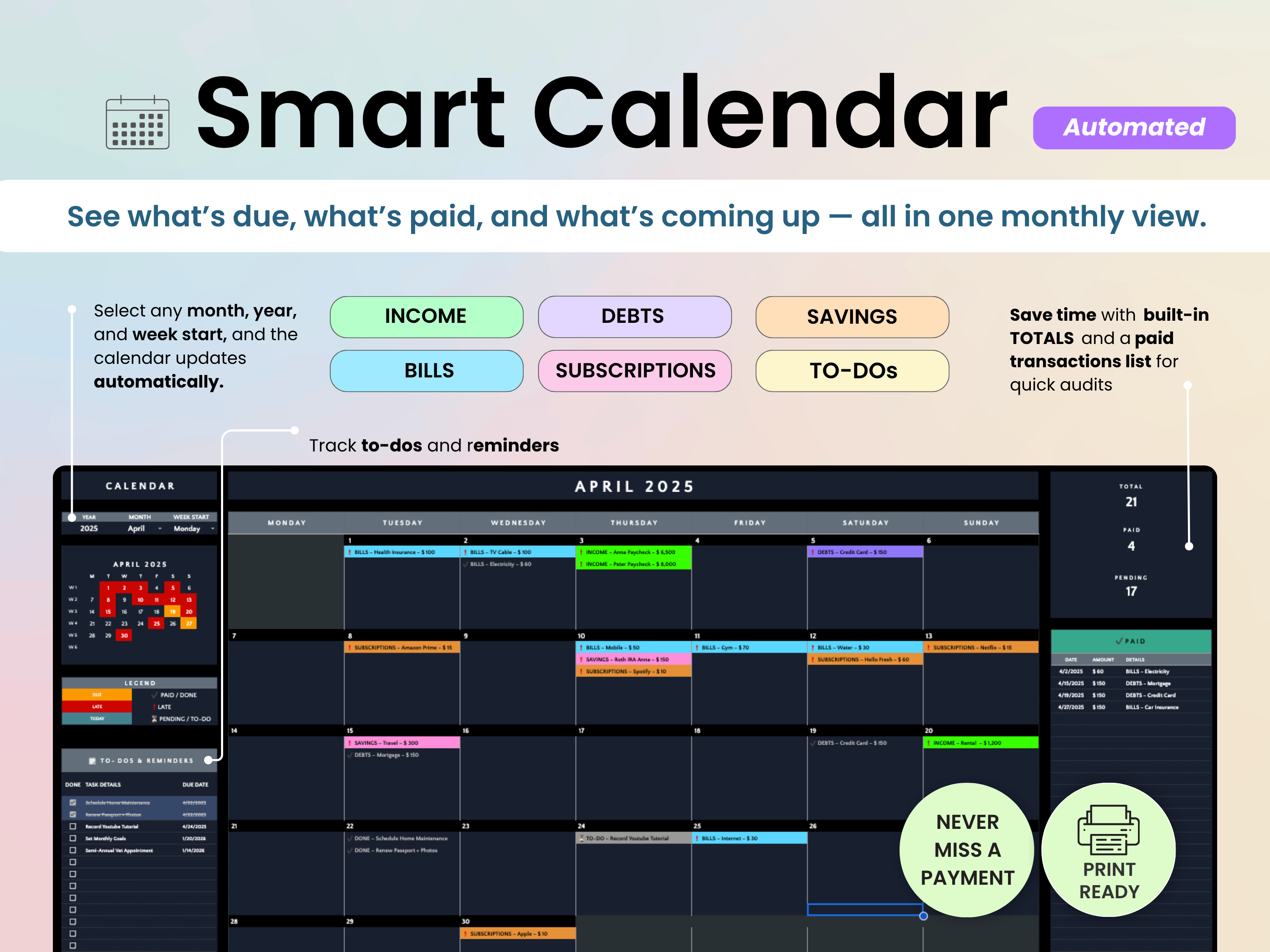 Smart calendar software interface with various categories and a monthly view.