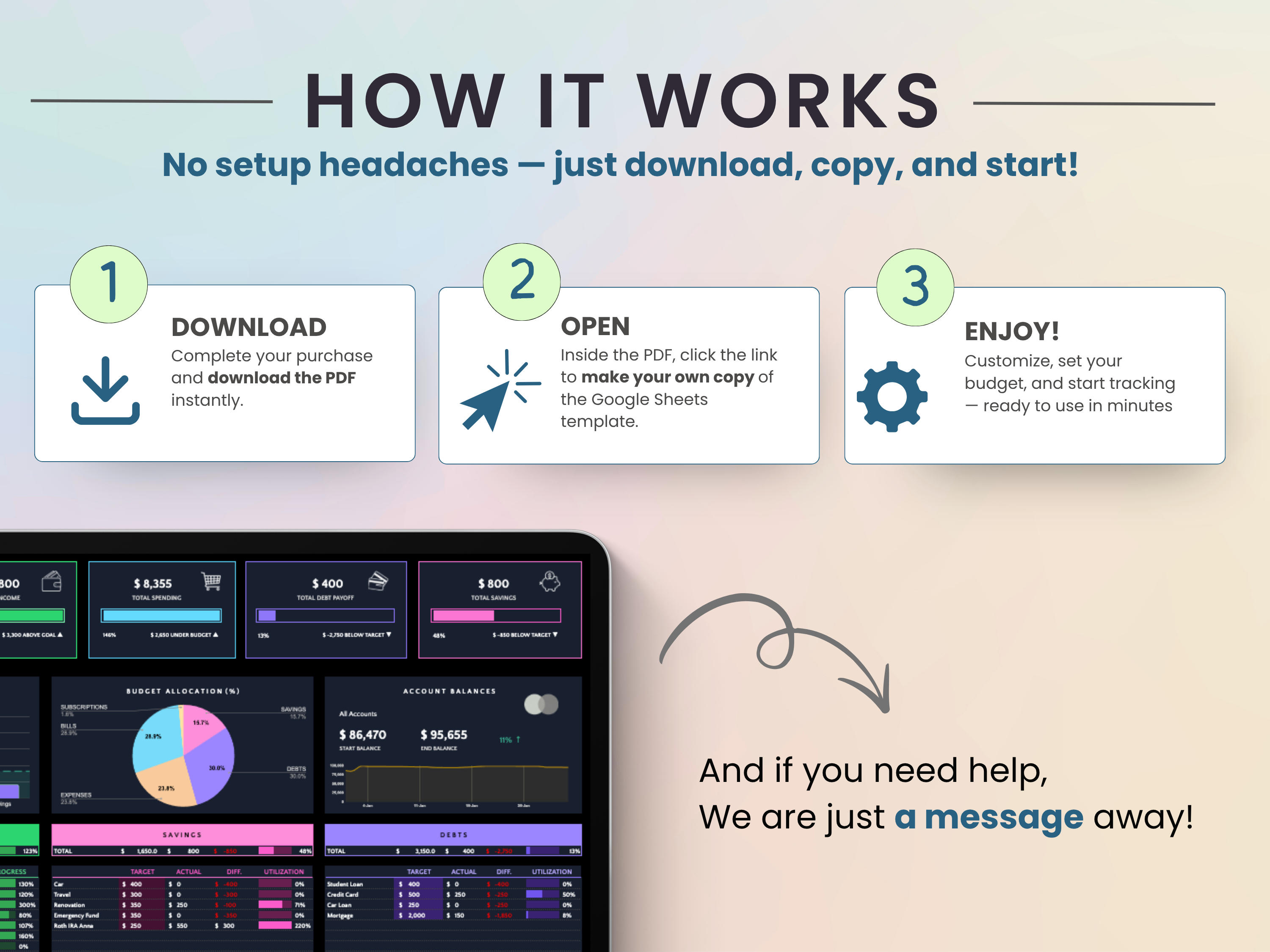 Step-by-step guide on how to use a software product with a laptop displaying financial software.