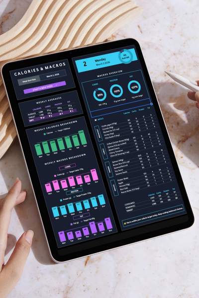Digital tablet displaying a fitness or nutrition app on a light surface.