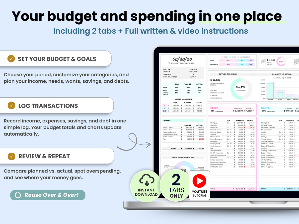 Your budget and spending in one place . It includes 2 tabs , a written guide and a video tutorial