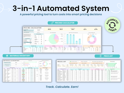 3-in-1 Automated System pricing tool with charts and tables on a light blue background
