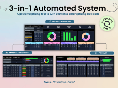 3-in-1 Automated System with pricing calculator, materials inventory, and price list features on a colorful background.