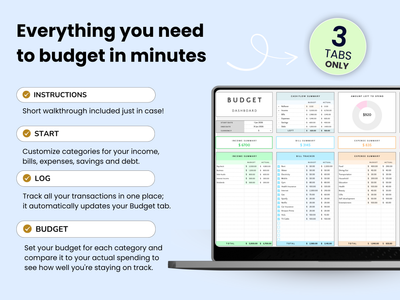 Budgeting tool with laptop displaying budgeting software on a light blue background