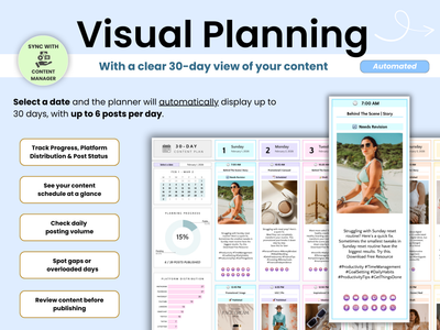 Visual planning tool with a 30-day content schedule display on a blue background