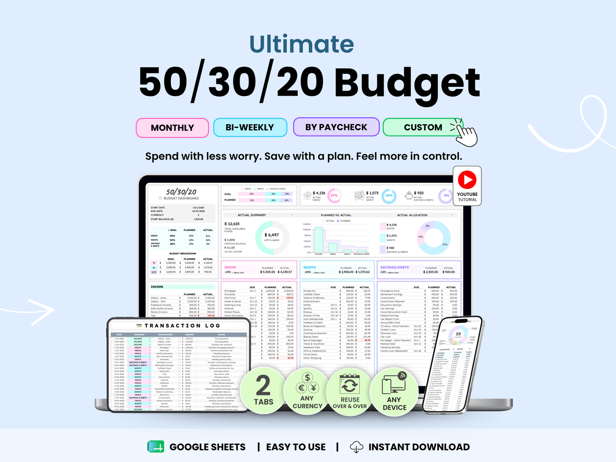 50 30 20 budget planner for Google Sheets