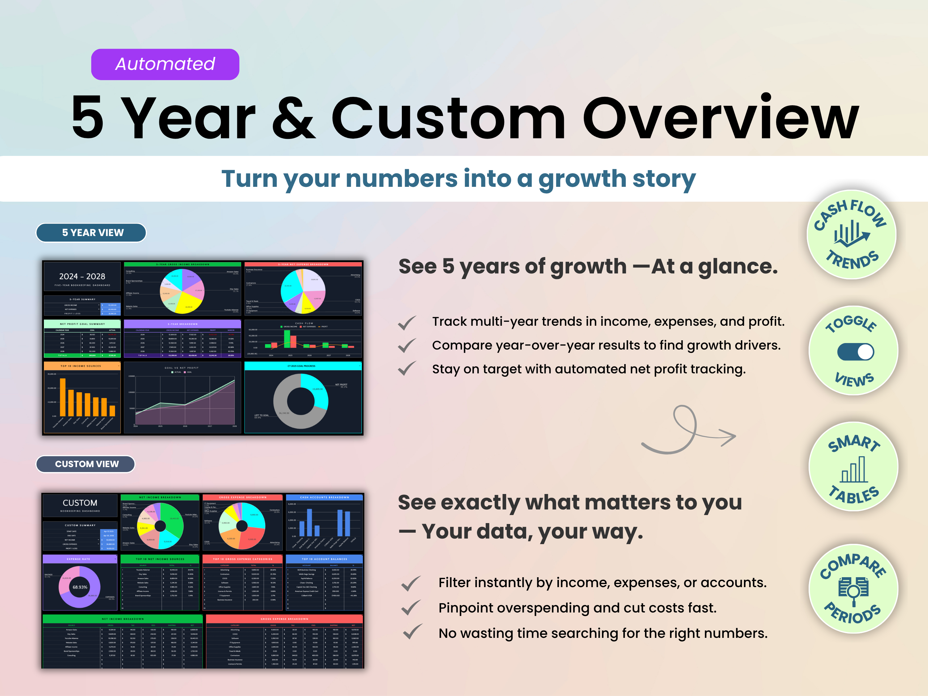  5-year and custom bookkeeping dashboards by Smart Kit Designs