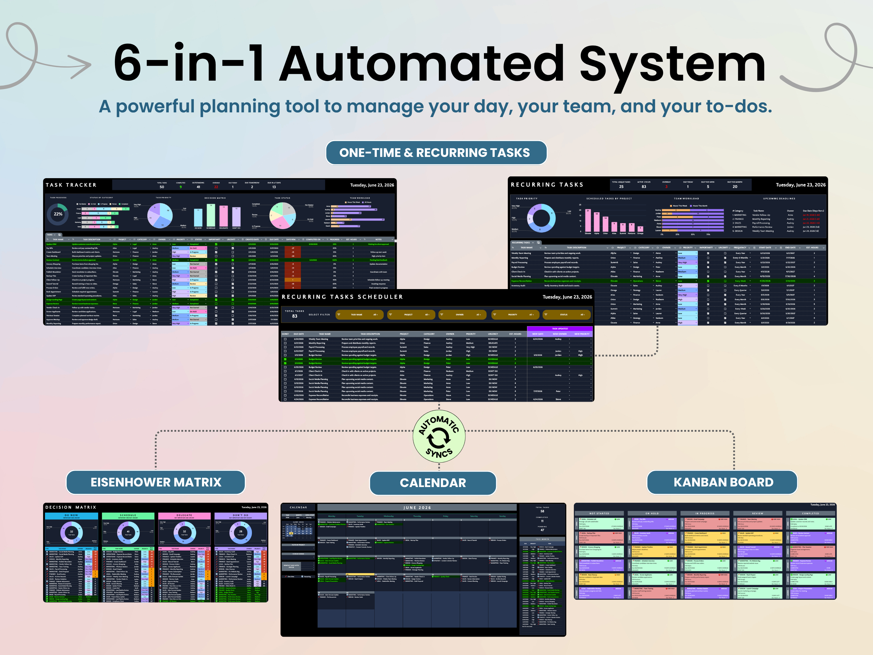 6-in-1 Automated System software interface with various features on a light pink background
