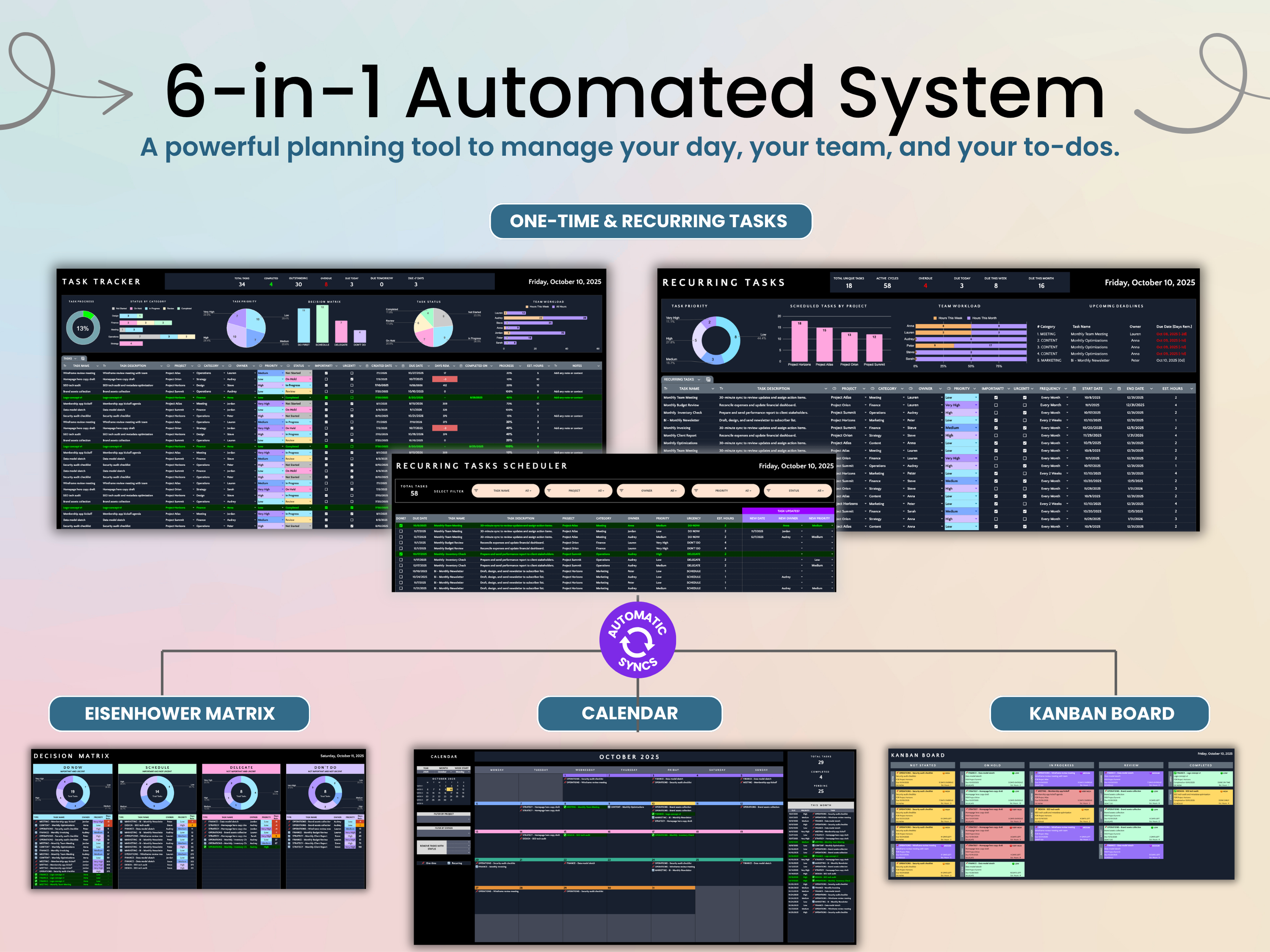 6-in-1 Automated System software interface with various task management tools on a light pink background.