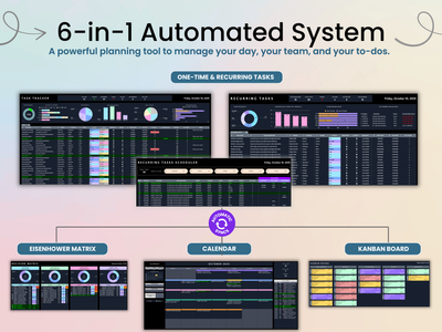 6-in-1 Automated System software interface with various task management tools on a light pink background.