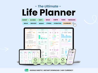 Digital product mockup for a 'Life Planner' template shown on a laptop, tablet, and smartphone against a light blue background. The planner interface features pastel-colored charts, graphs, and tabs for budget, savings, debts, goals, habits, tasks, and time blocking.