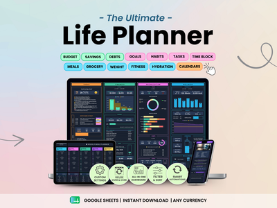 Digital product mockup for a 'Life Planner' template shown on a laptop, tablet, and smartphone screen, with colorful tabs and charts on a pastel gradient background.