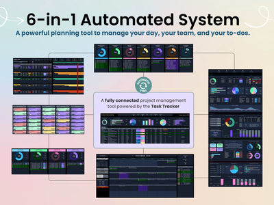6-in-1 Automated System graphic with various interface elements on a light pink background