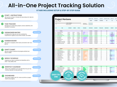 All-in-One Project Tracking Solution with a laptop displaying project management software.