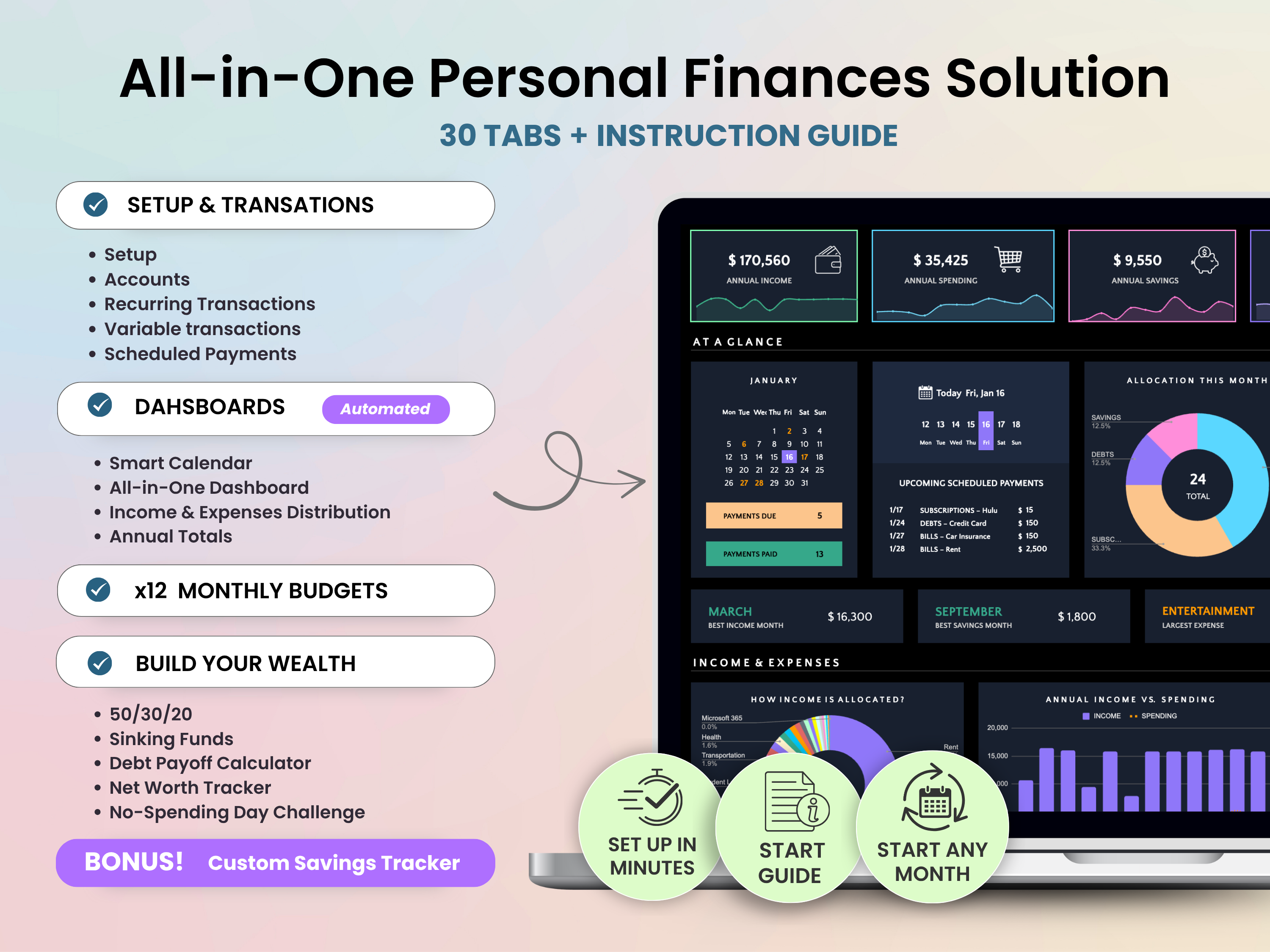 All-in-One Personal Finances Solution with features and benefits on a laptop screen.