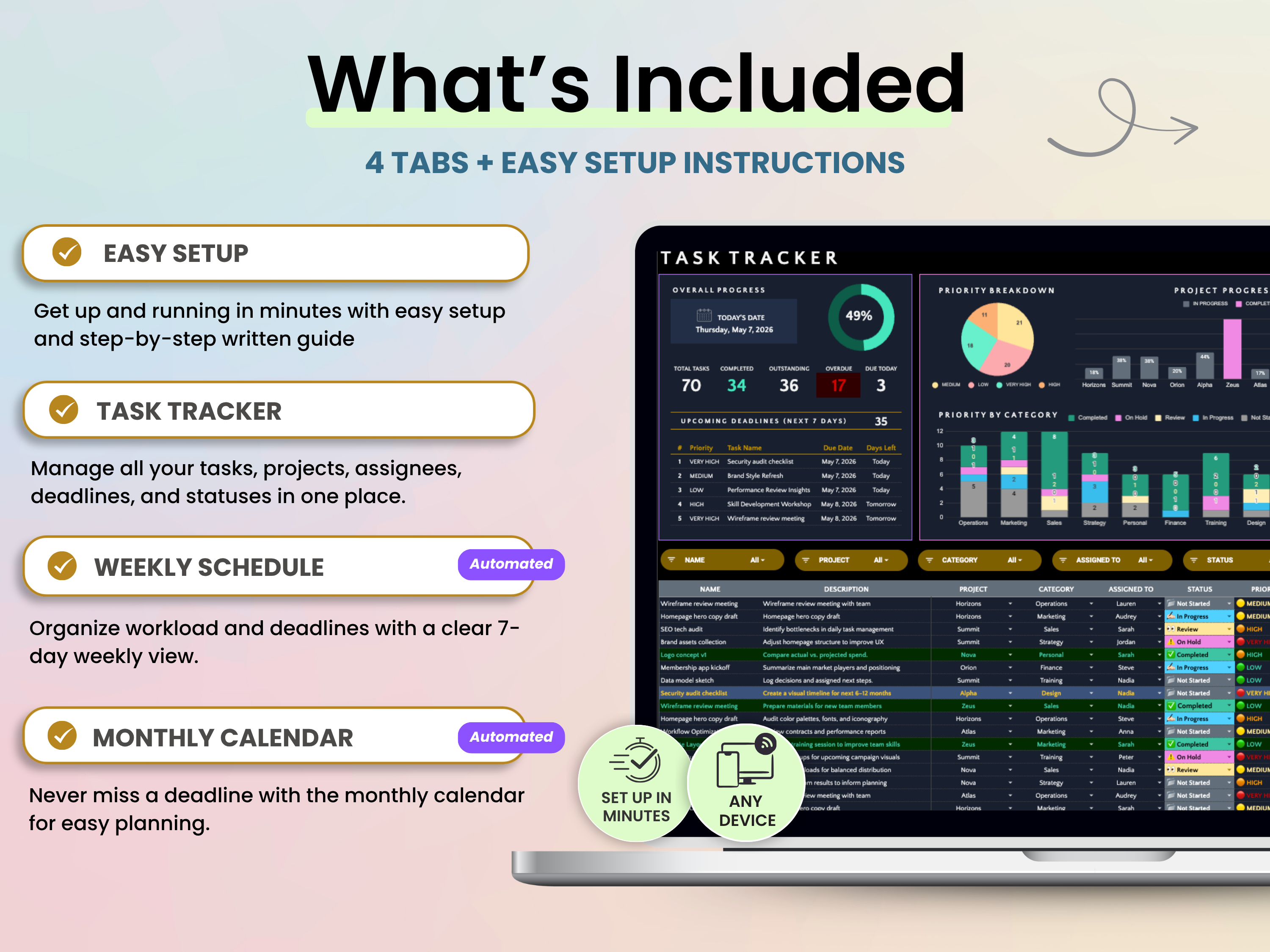 Task tracker software with setup instructions on a light pink background